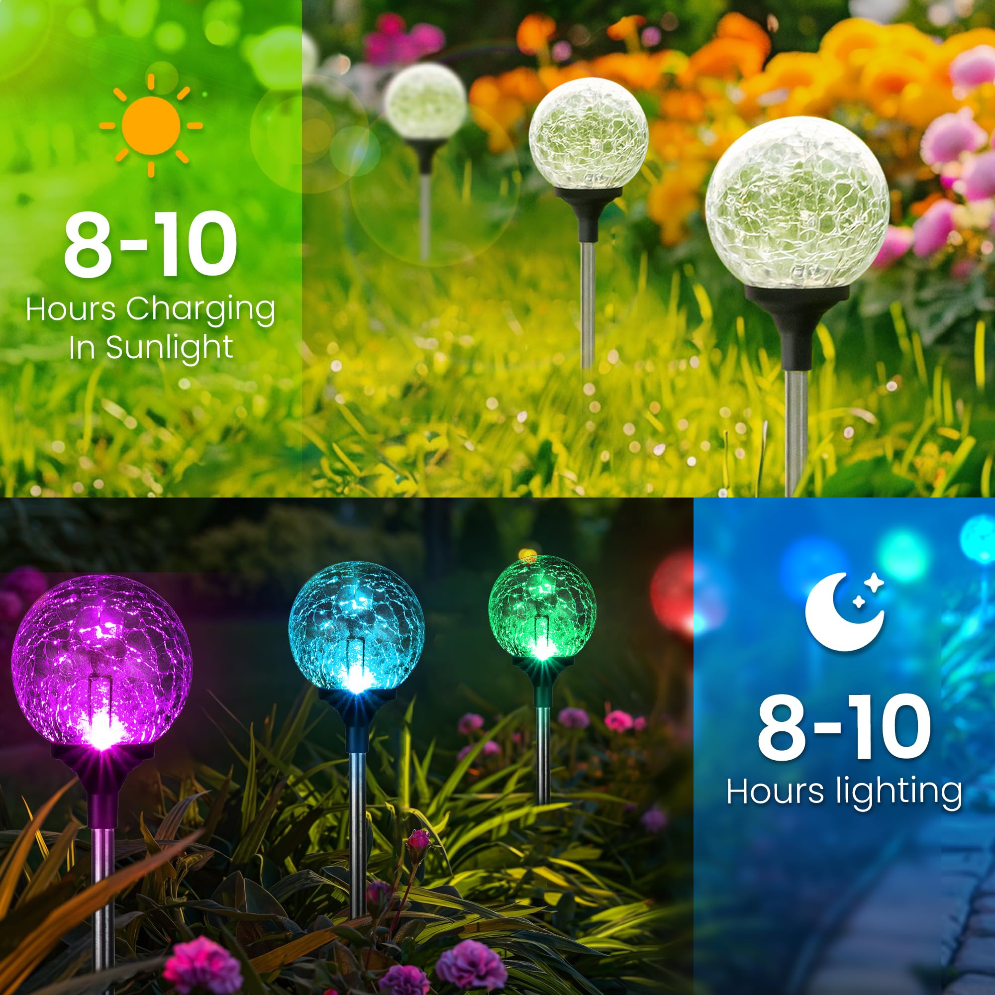 GIGALUMI Solar Garden Lights 6 Pack, Multi-Colored Changing Globes, Waterproof  ed Glass, Outdoor Decor, Silver, Model CLWX-XIN6