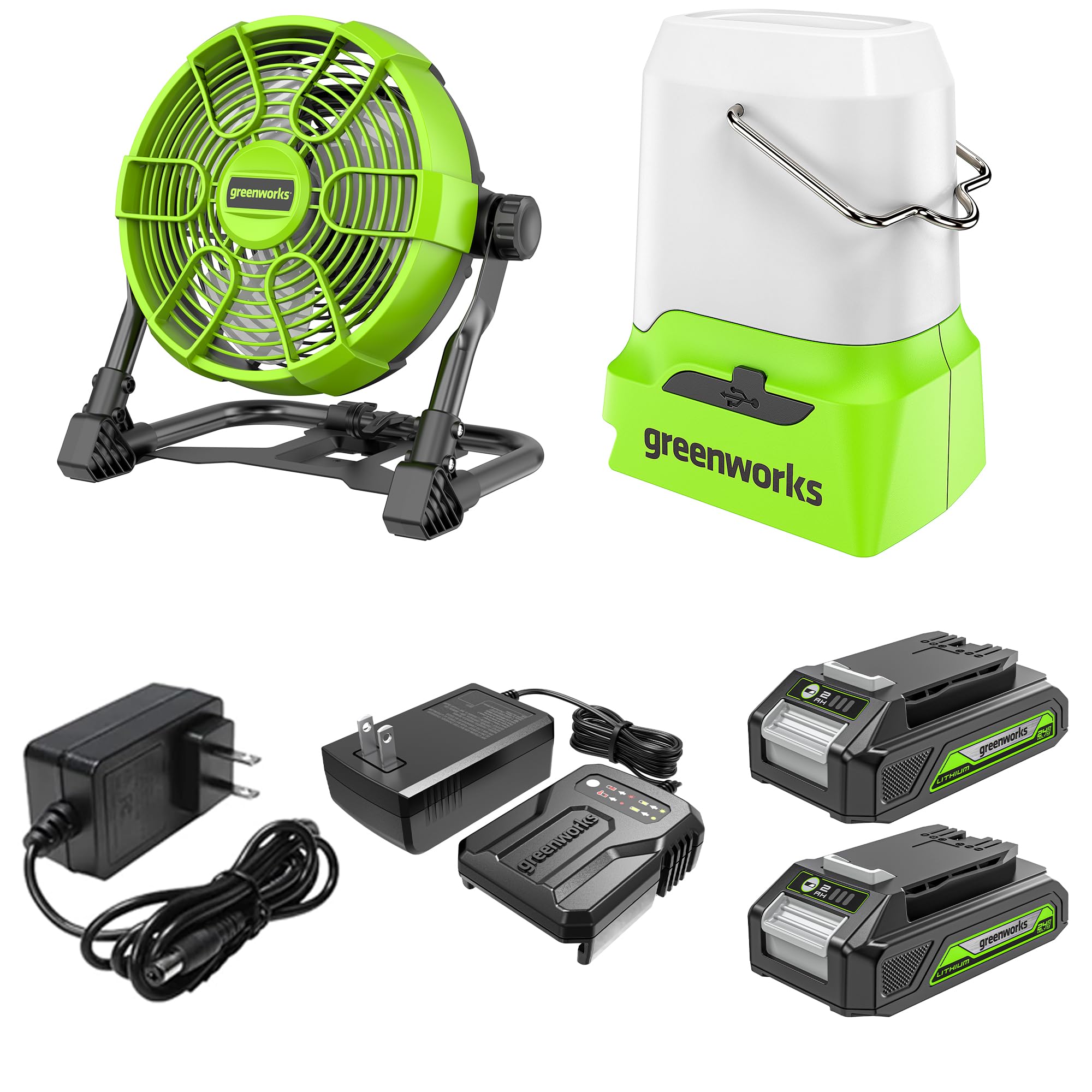 Greenworks 24V 10 (5-Speed) Hybrid Fan (500 CFM) and 500 Lumens Lantern, with 22.0Ah Battery and Charger