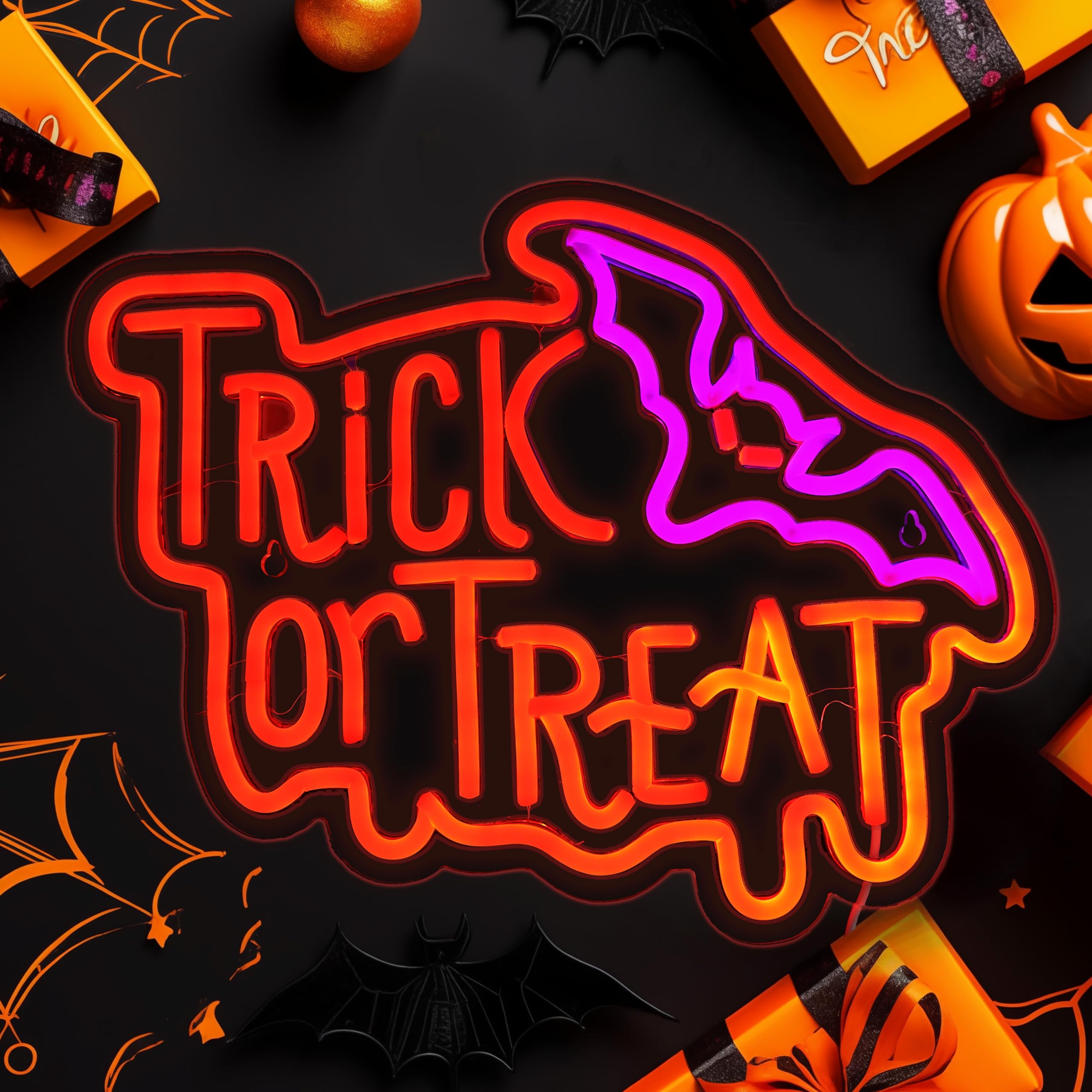 Shellvcase Halloween Neon Sign, Trick or Treat Light, Battery/USB Powered, Adjustable Brightness, 14.9 x 11.6 inches, Acrylic