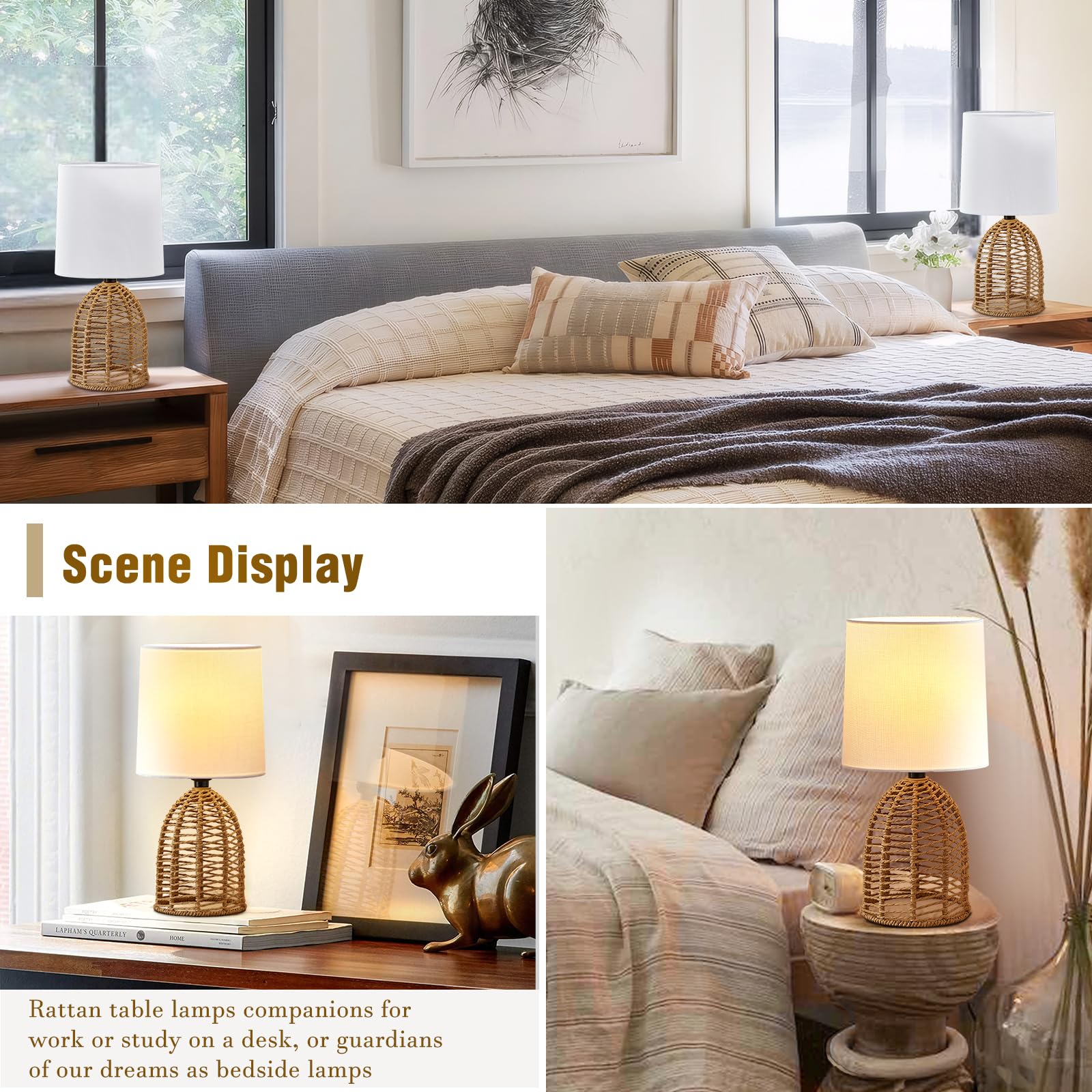 Ejiaxin Rattan Lamp Boho Lamps Set Of 2-13.75'' Mini Farmhouse Table Lamp Rustic End Table Decorative Small Lamps For Small Spac