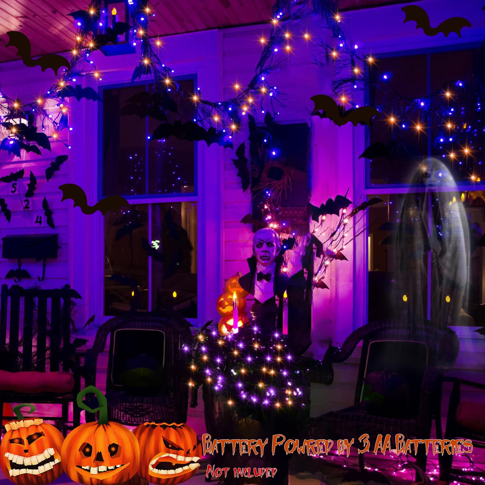 echosari 200 LED Halloween Fairy Lights, 66Ft Silver Wire, 8 Modes, Battery Operated, 2 Pack, Purple & Orange