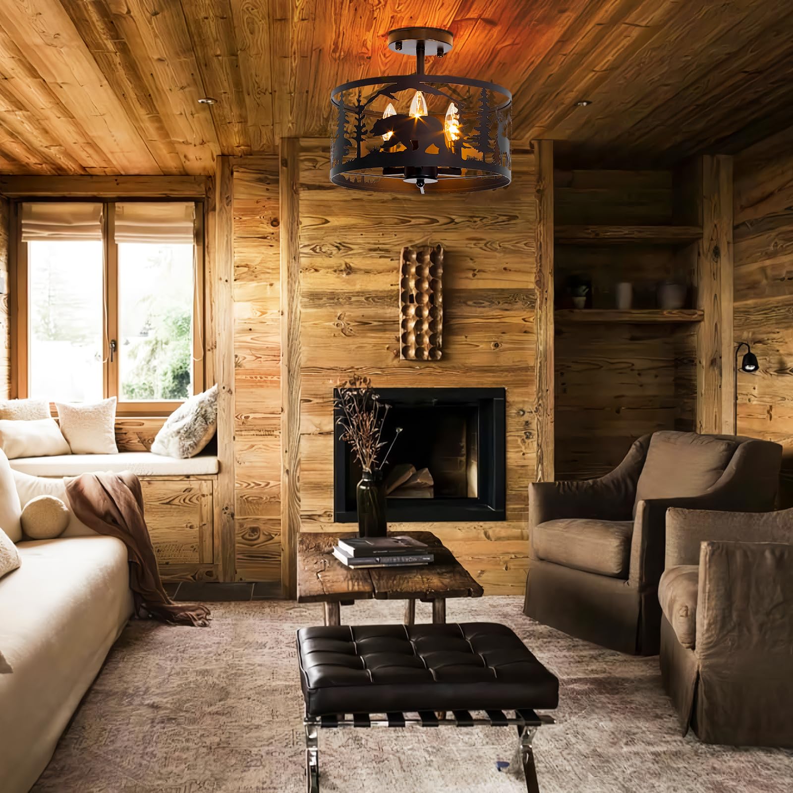 Monaxon Rustic Semi-Flush Mount Ceiling Light, 3-Light E12, Industrial Farmhouse Design