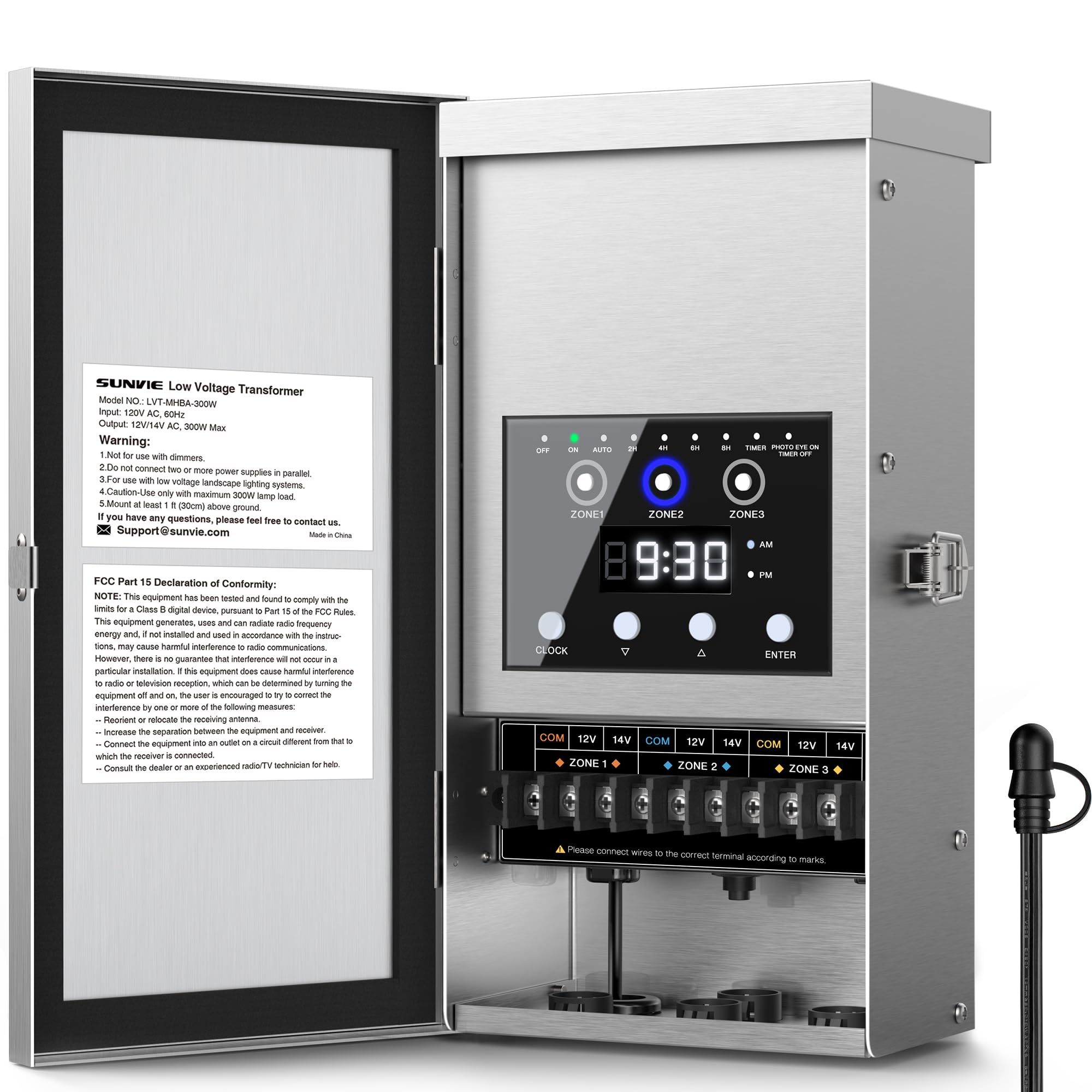 SUNVIE 300W Low Voltage Landscape Transformer 3 Zone Independent Control Outdoor Low Voltage Transformer with Timer & Photocell 