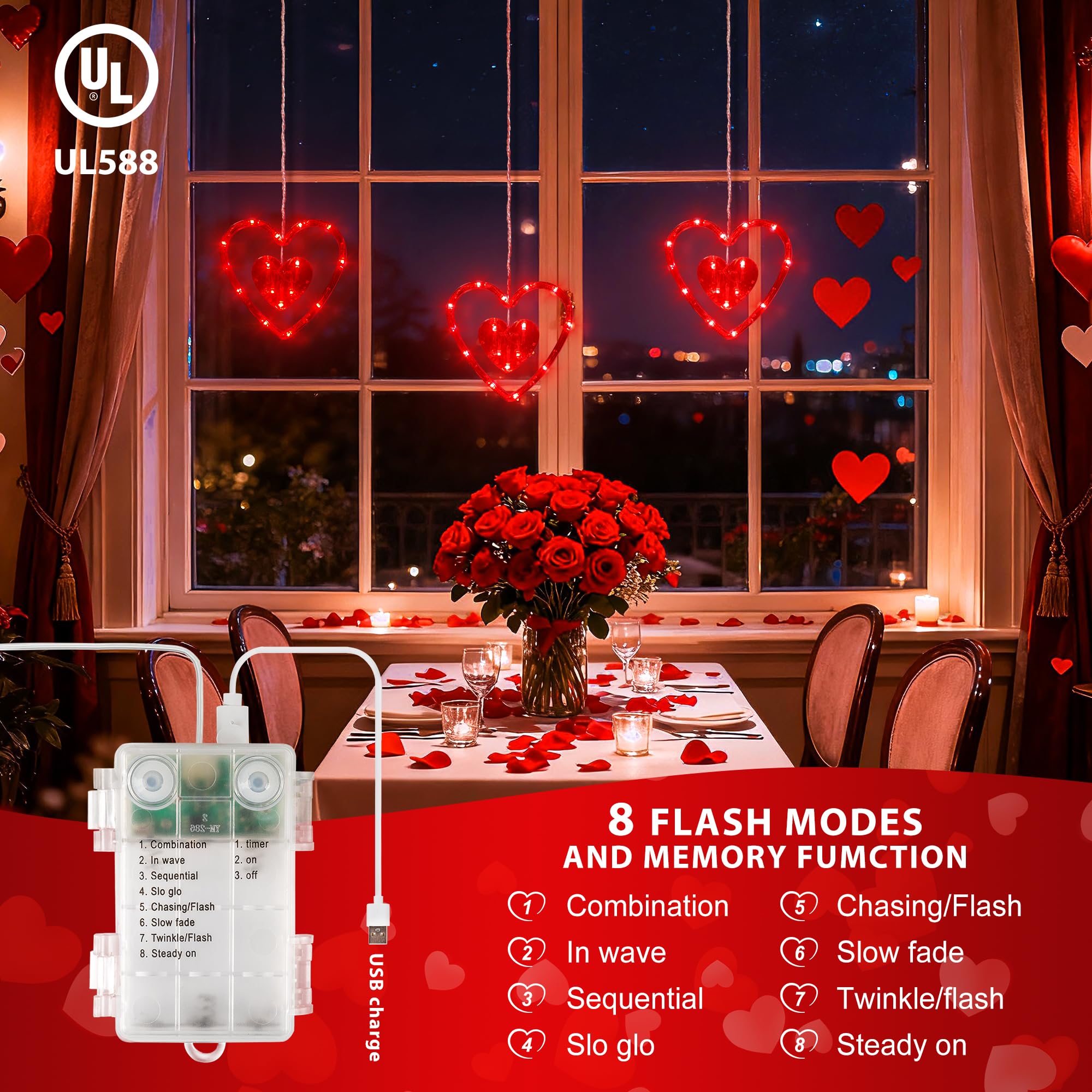 Hopolon Valentines Day Window Lights 2Ft 45Led Red Heart Valentines Day Decorations Lights Battery/Usb Operated Light Waterproof  8Modes&Timer For Indoor Outdoor Holiday Home Wall Door Decor(4Hooks)