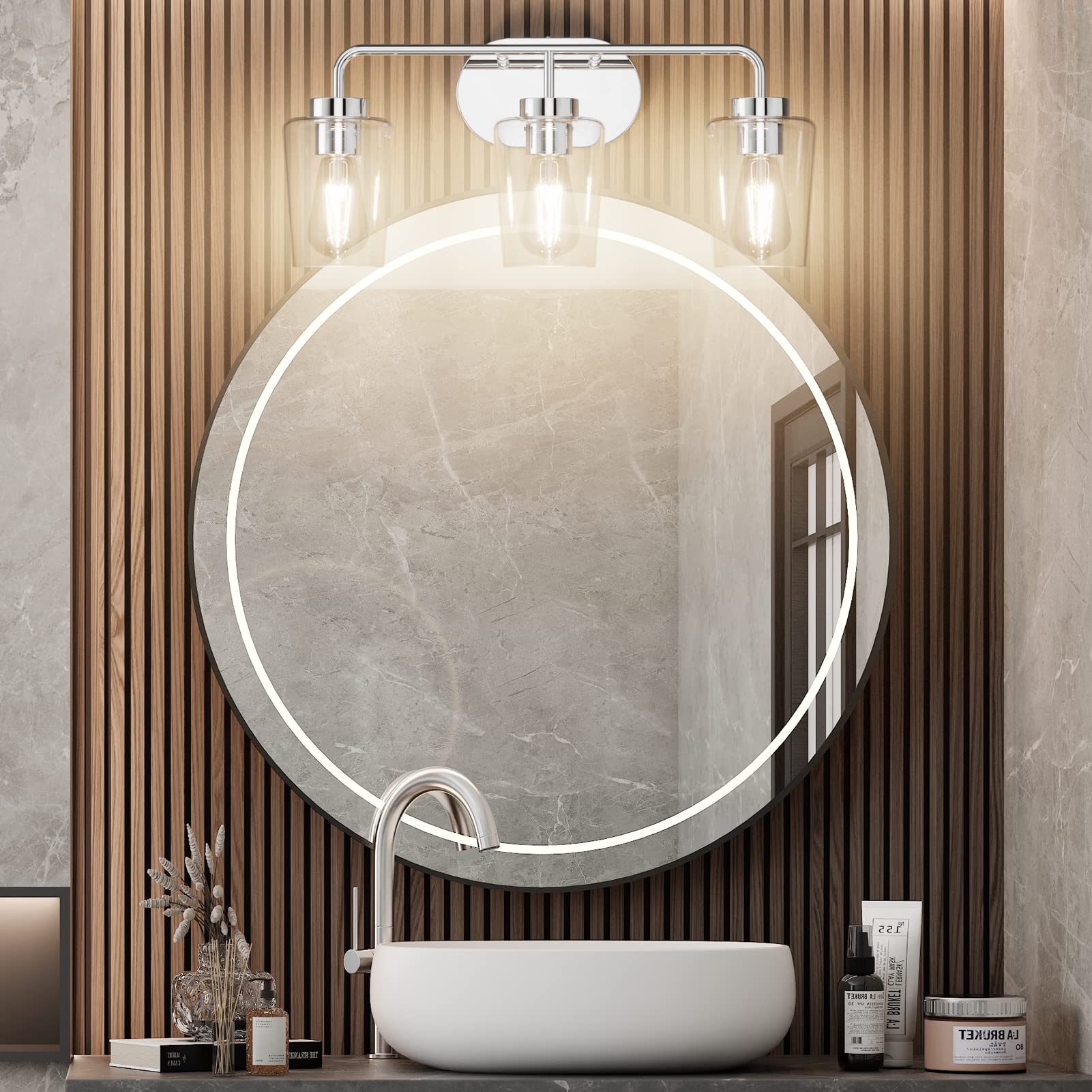 Tipace Modern Bathroom Vanity Lighting Fixtures 3-Lights Industrial Stainless Steel Chrome Finish With Clear Glass Vanity Lights