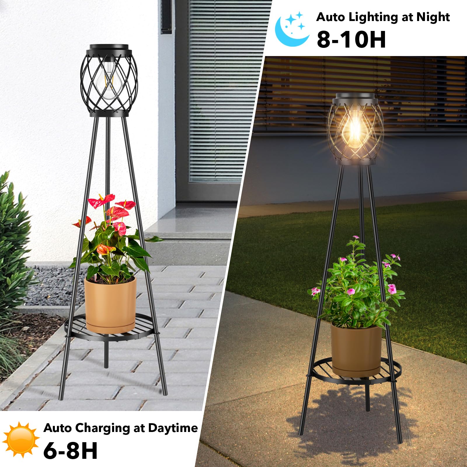 Mxwcy 2 Pack Solar Lights Outdoor With Led Edison Bulbs, Vintage Style Solar Floor Lamp With Plant Stands, Weatherproof Garden L