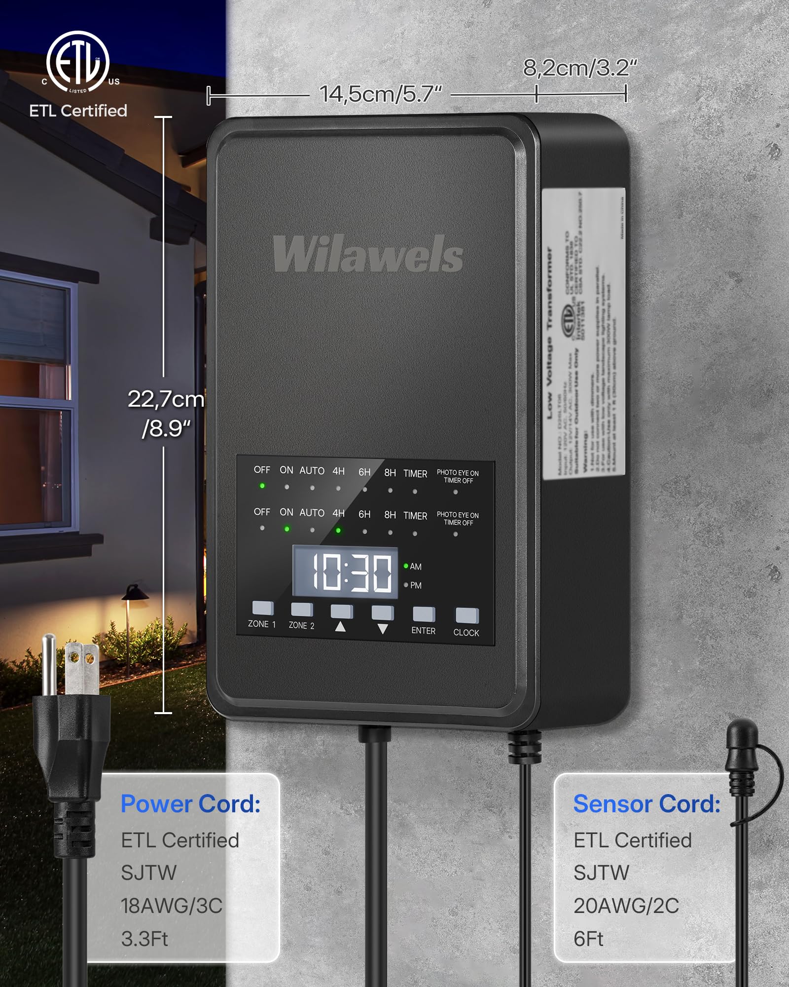 WILAWELS 300W Low Voltage Landscape Transformer, 2 Zone Control, 120VAC to 12/14V AC, Timer & Photocell Sensor, Black, Model D26LT
