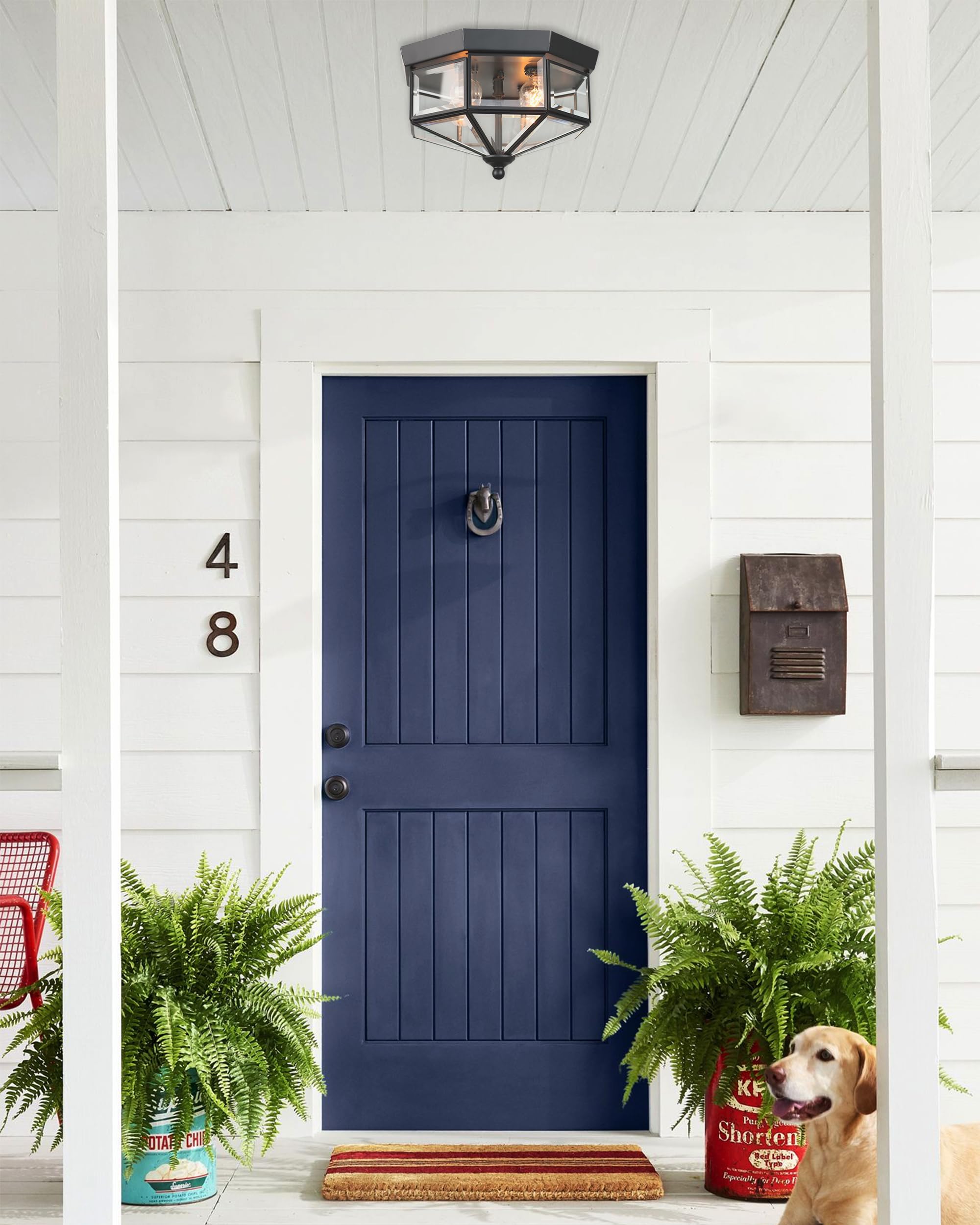 Flush Mount Outdoor Ceiling Light Fixture  4 Light Exterior Porch Ceiling Lights With Clear Glass  Black Farmhouse Lighting For Indoor Hallway Kitchen Stairway (E12 Base)