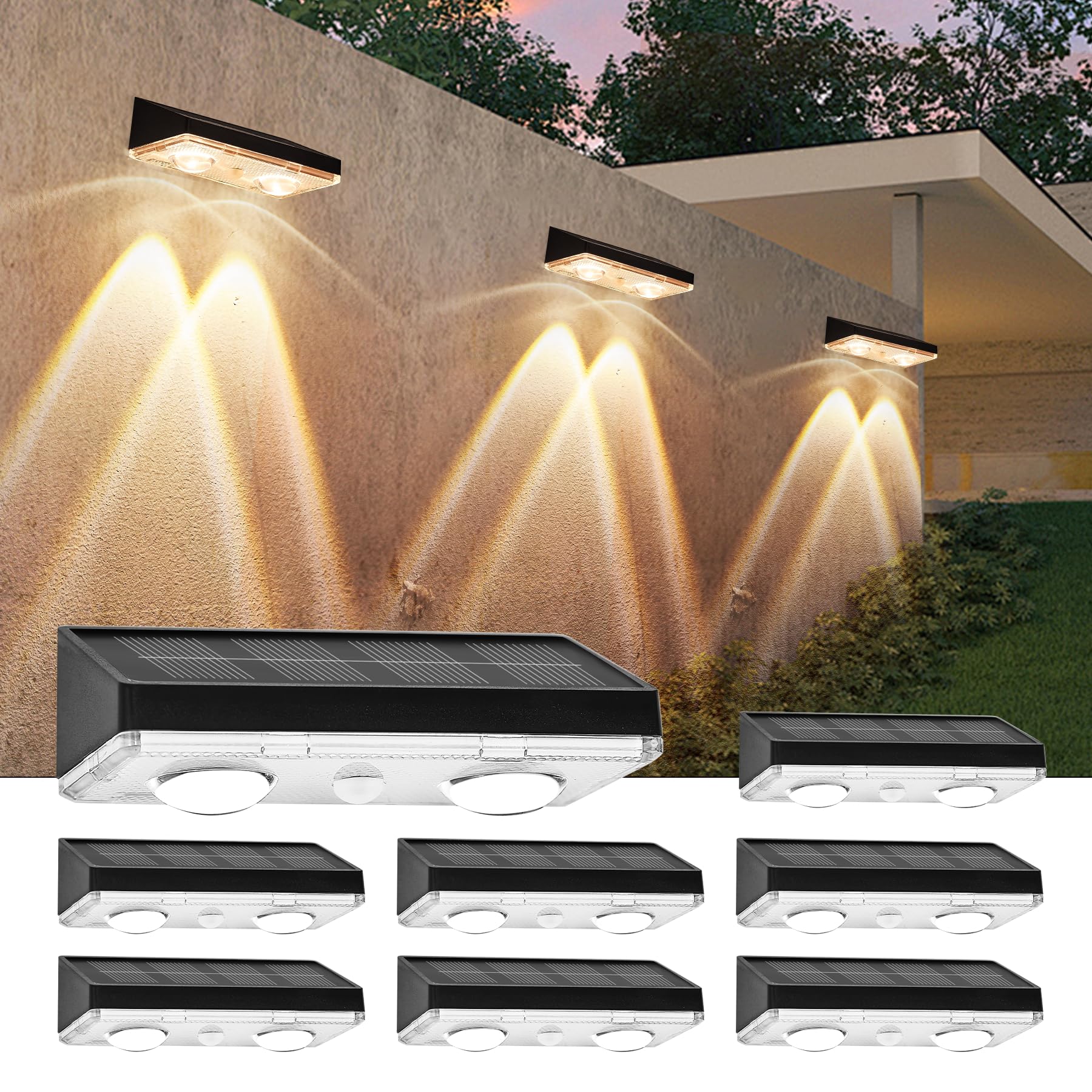Solar Fence Lights Outdoor 8 Pack - Warm White with IP65 Waterproof Solar Deck Lights, 3000K Soft Ambient Glow for Fence Post, B