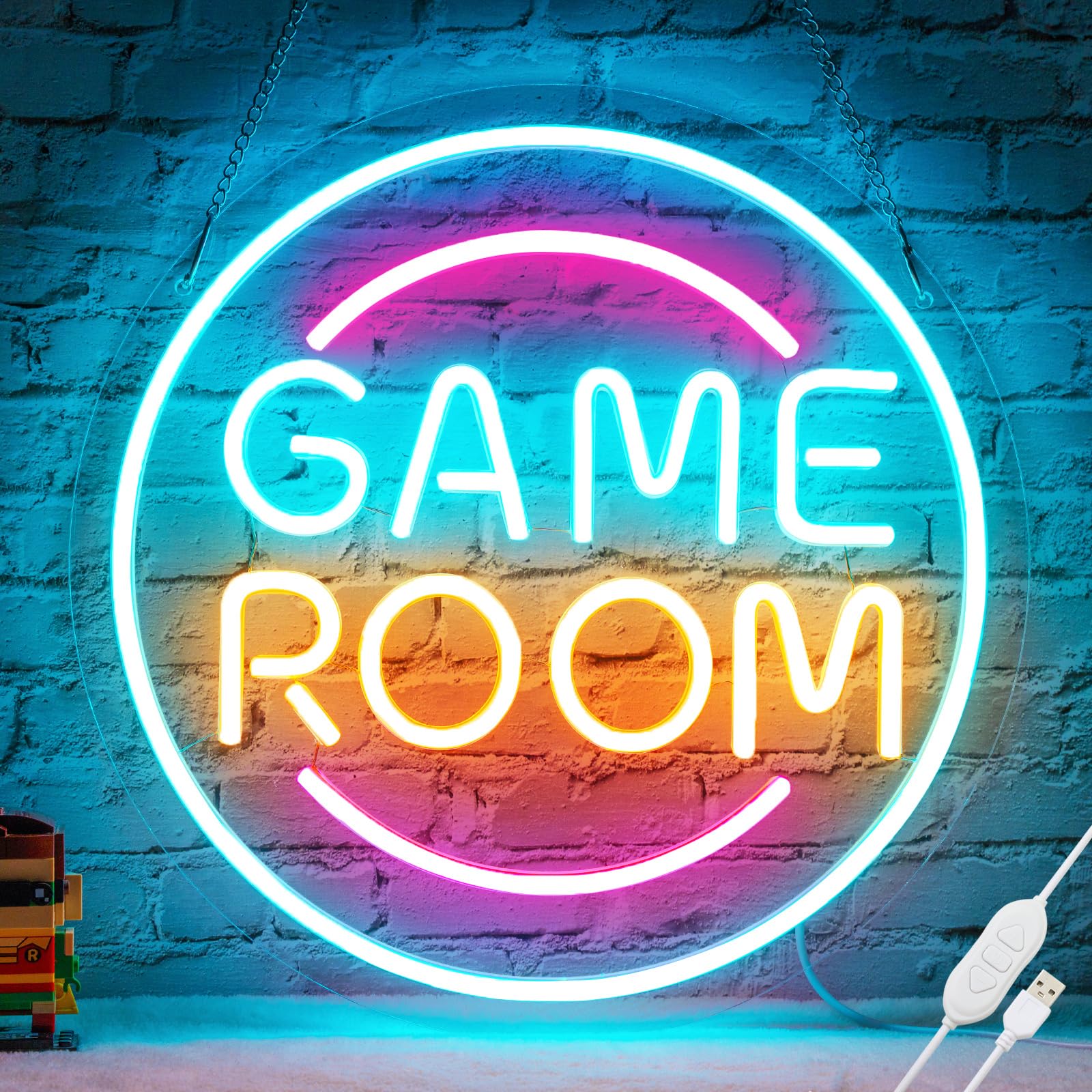 Basaneon Gamer Neon Sign, Dimmable LED Wall Decor, 13.3inx13.3in, Acrylic, D-Game Room, Model ZF-Game Room, Perfect for Boys Room