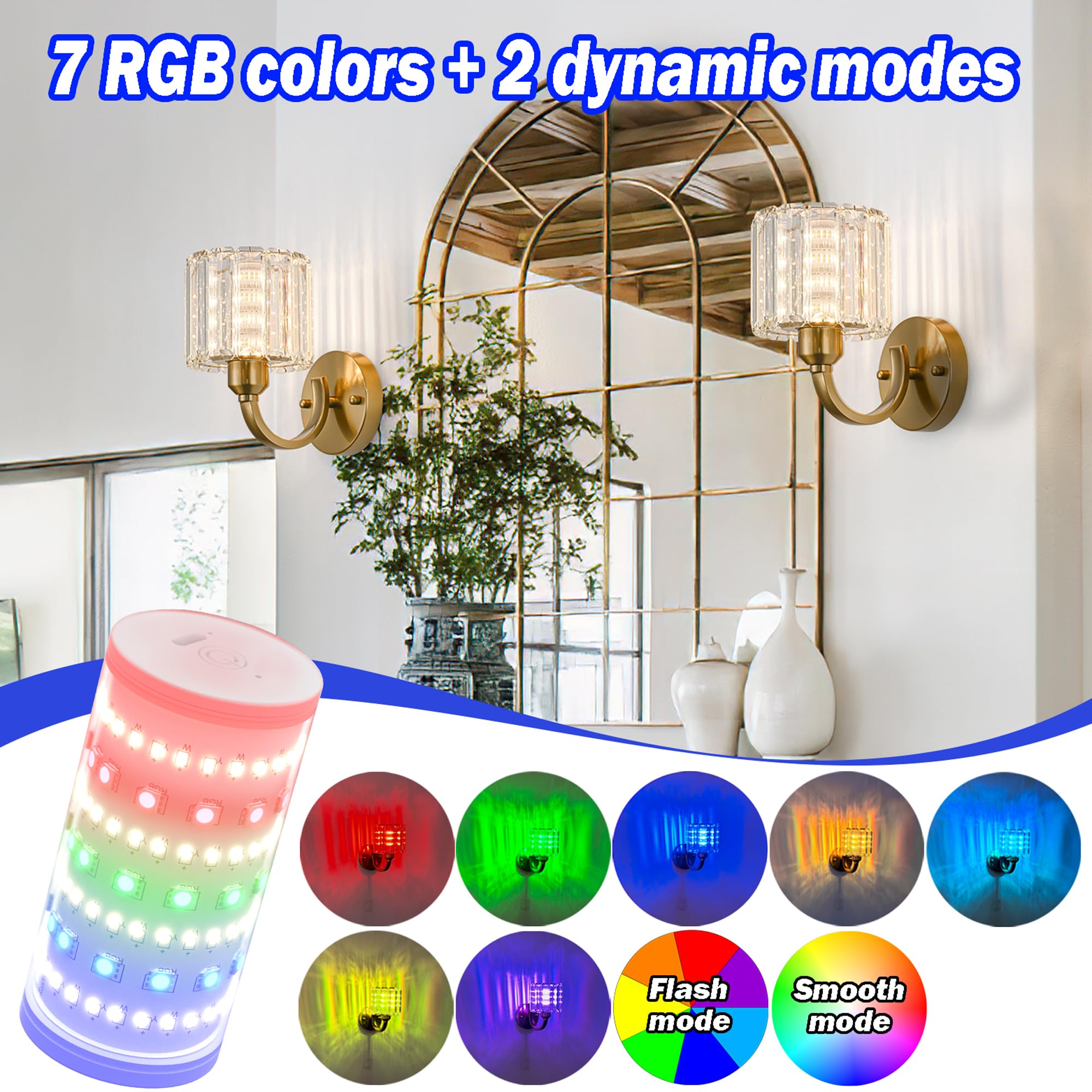 Wall Sconces Battery Operated Wall Lights Set Of Two, Wireless Rechargeable Wall Sconces With 10000Mah Rgb Light Bulb, Crystal W