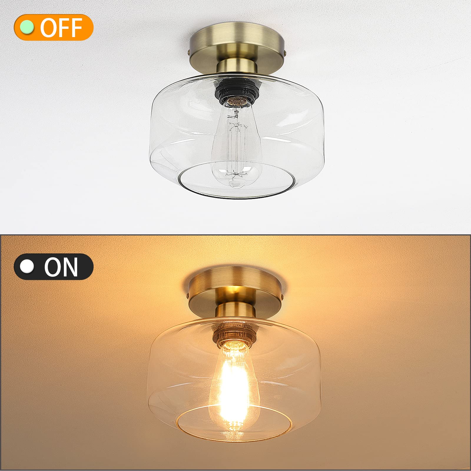 Maxvolador Industrial Semi Flush Mount Ceiling Light Brass, Clear Glass Pendant Lamp Shade, Farmhouse Lighting Hallway, Vintage