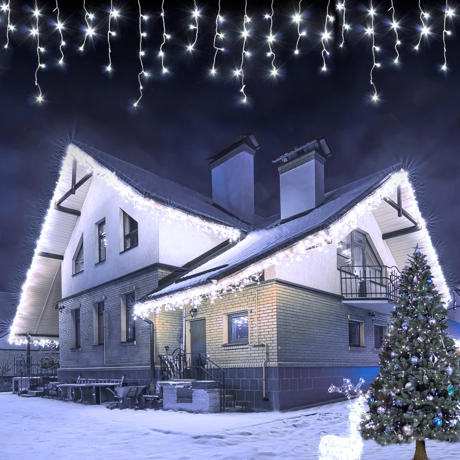 USOKYO Icicle Christmas Lights  62FT LED Icicle String Lights with 144 Drops  Outdoor/Indoor Use  8 Modes  Cool White