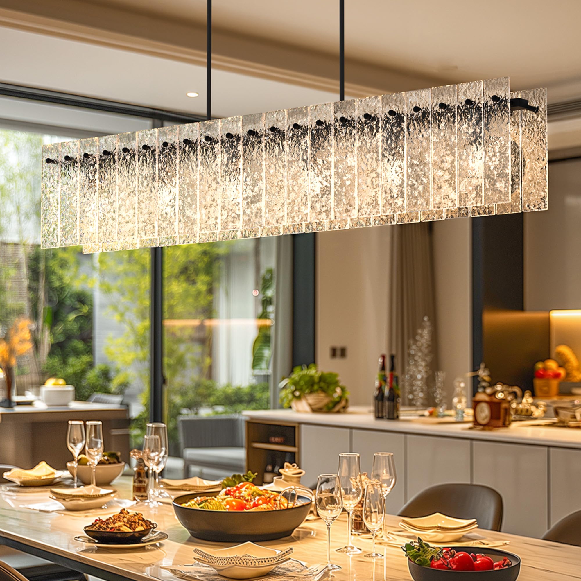 Danshinro 4FT Black Chandelier - Linear Crystal Design, Metal, Model L22, Fits E26 Bulbs, 42pcs Glass Sheet