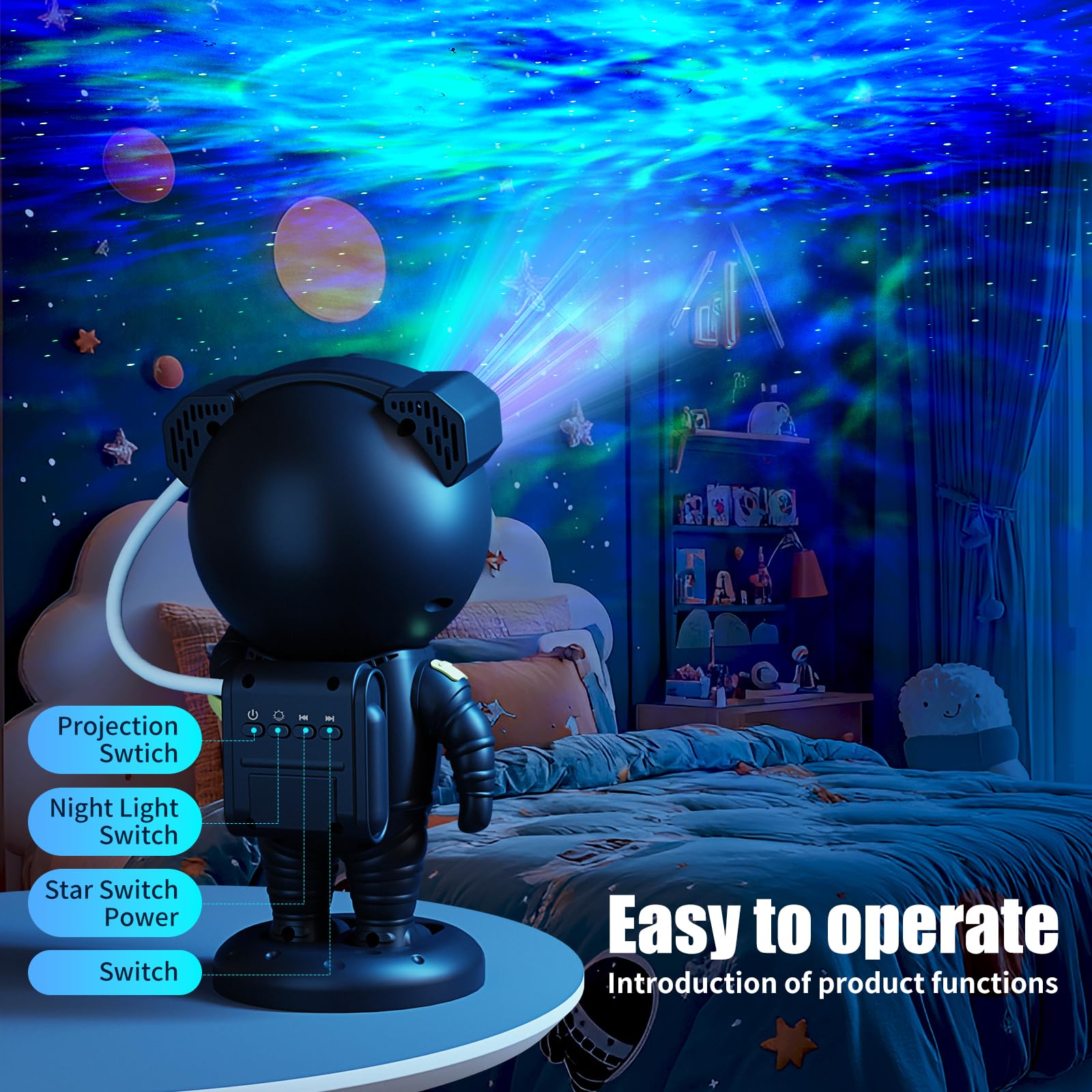 Jioote Astronaut Galaxy Projector with Bluetooth Speaker, 360° Adjustable, Small, Black, Model JN117