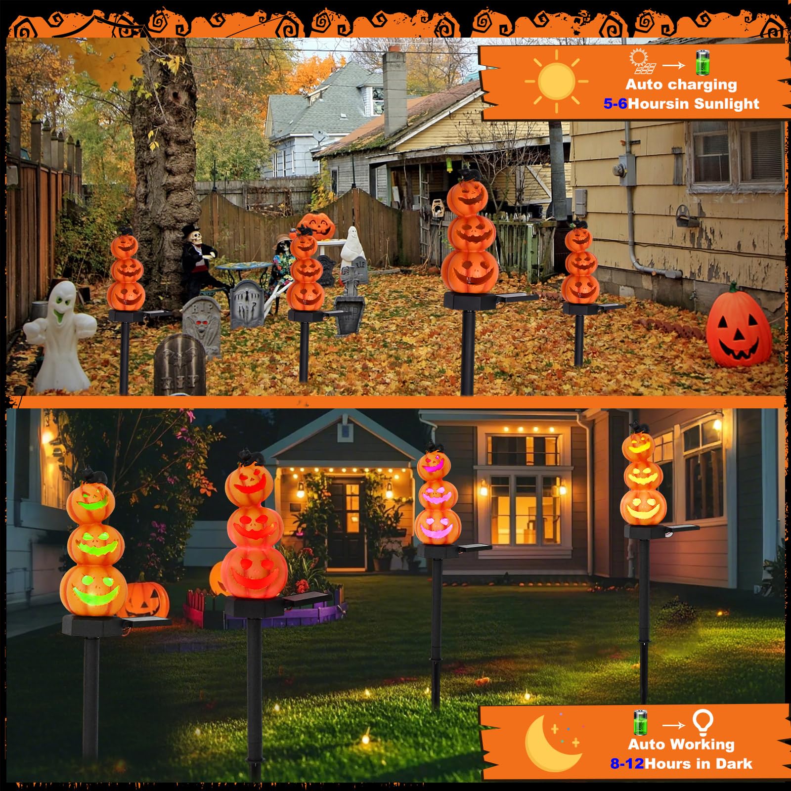 Halloween Pumpkin Decorations Stacked Pumpkin Yard Stakes Solar Pumpkin Lights-Light Up Pumpkin Decor Outdoor 4 Pack 17.5&quot; With Led Bulb For Yard Garden Lawn Decor