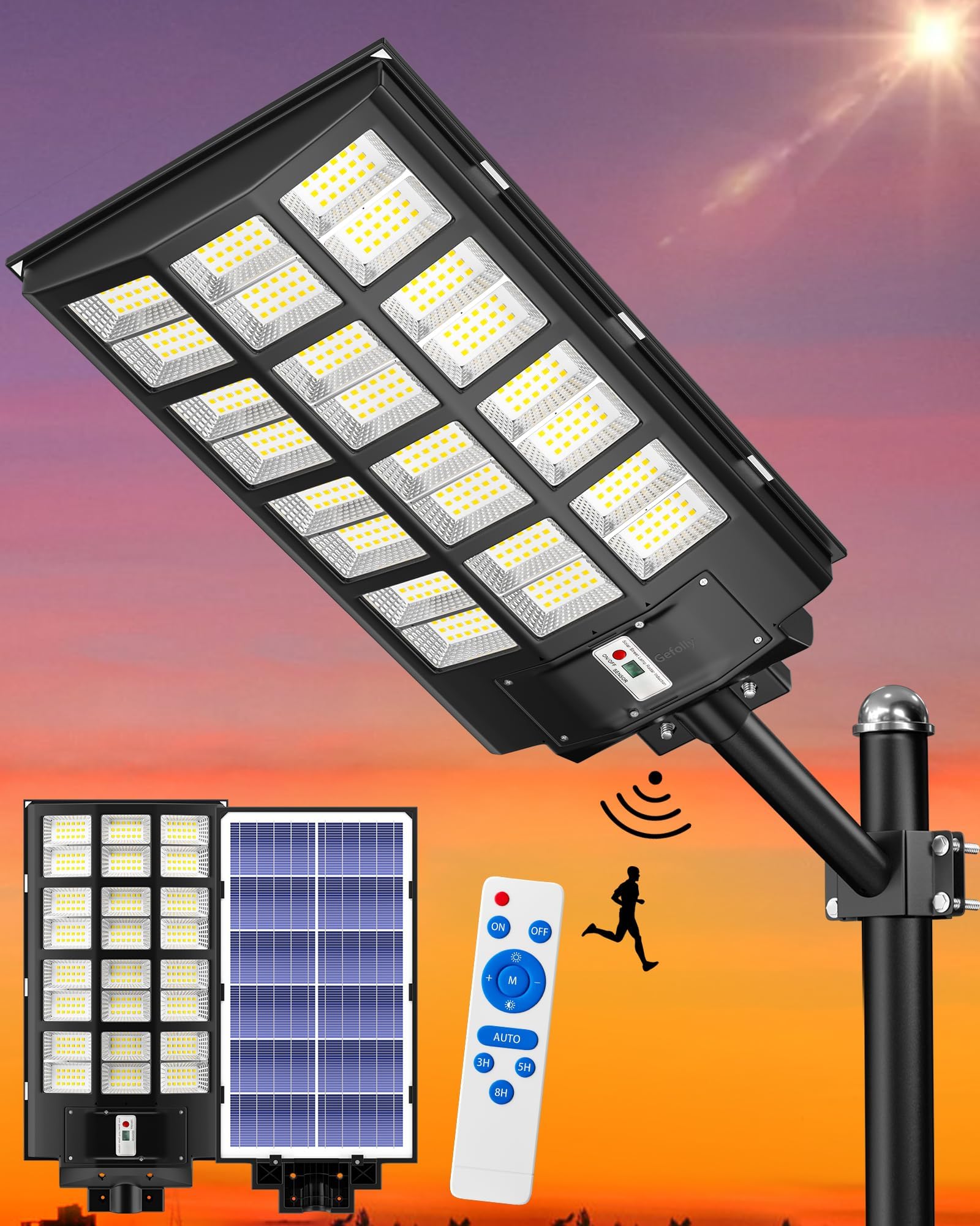 Gefolly SL-6000W Solar Street Light, 600000LM Dusk to Dawn, IP67, Aluminum, Black, Outdoor Flood Security Light