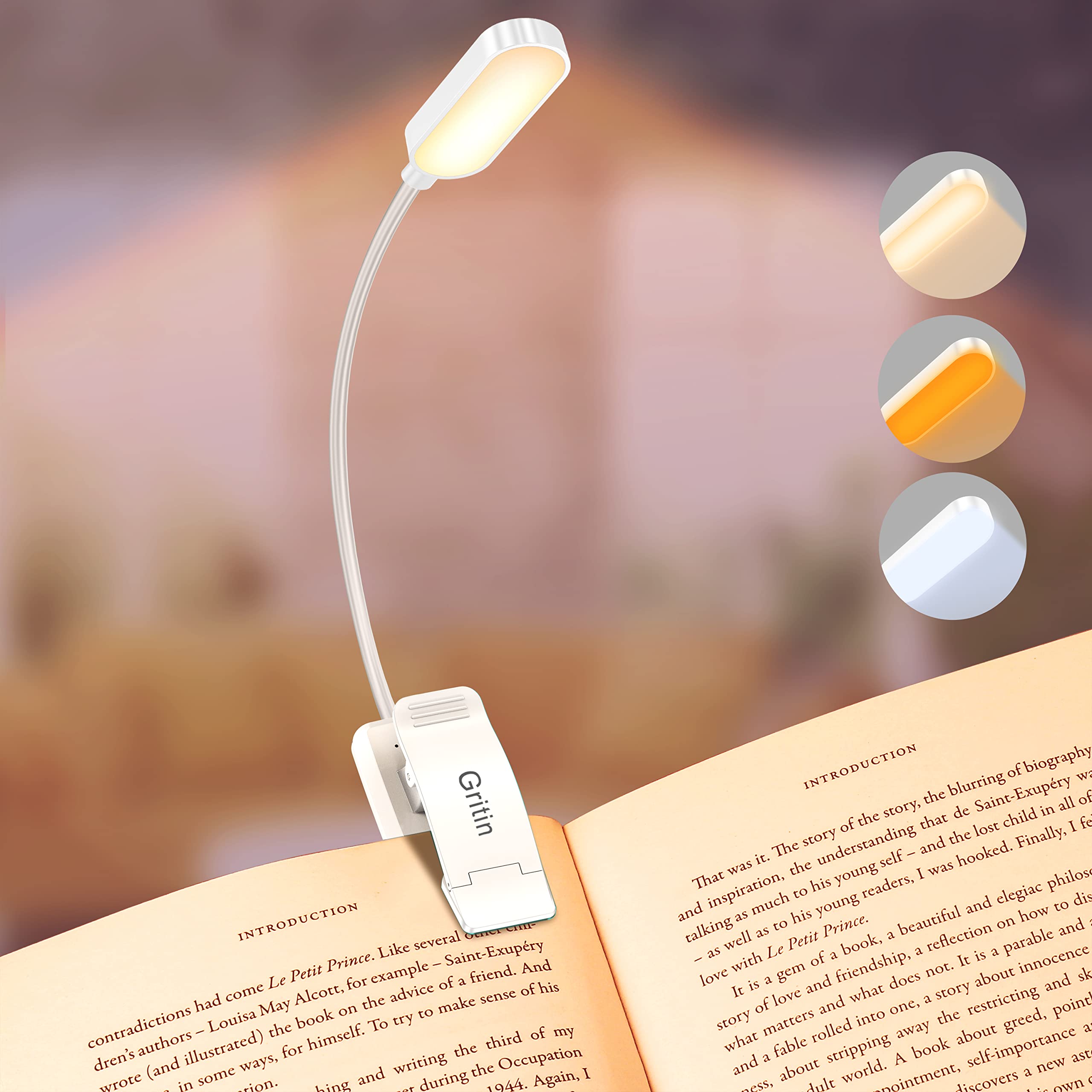 Gritin 16 Led Rechargeable Book Light - 3 Color Temperatures, Stepless Dimming, Lightweight, White