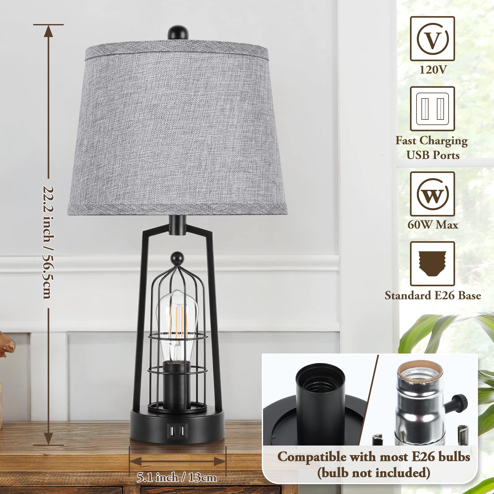 Brightever Farmhouse Table Lamps Set of 2, Metal, Gray, 2 USB Ports, JT2026, Rustic Industrial Design for Living Room and Bedroom