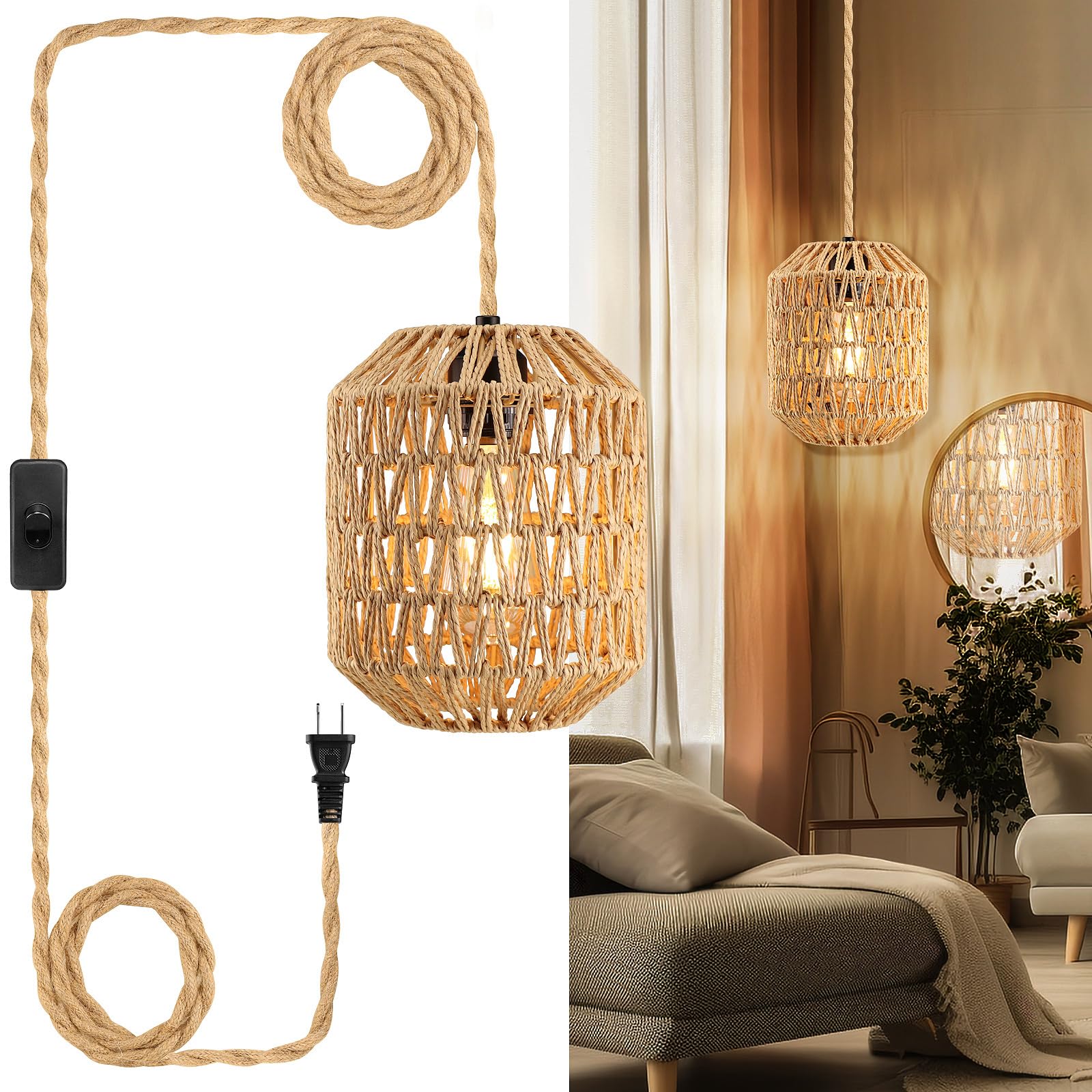 SLYYMY Plug in Pendant Light, 15FT Hemp Rope Cord,Hanging Lights with Plug in Cord ON/Off Rattan Hanging Lamp Wicker Woven Baske