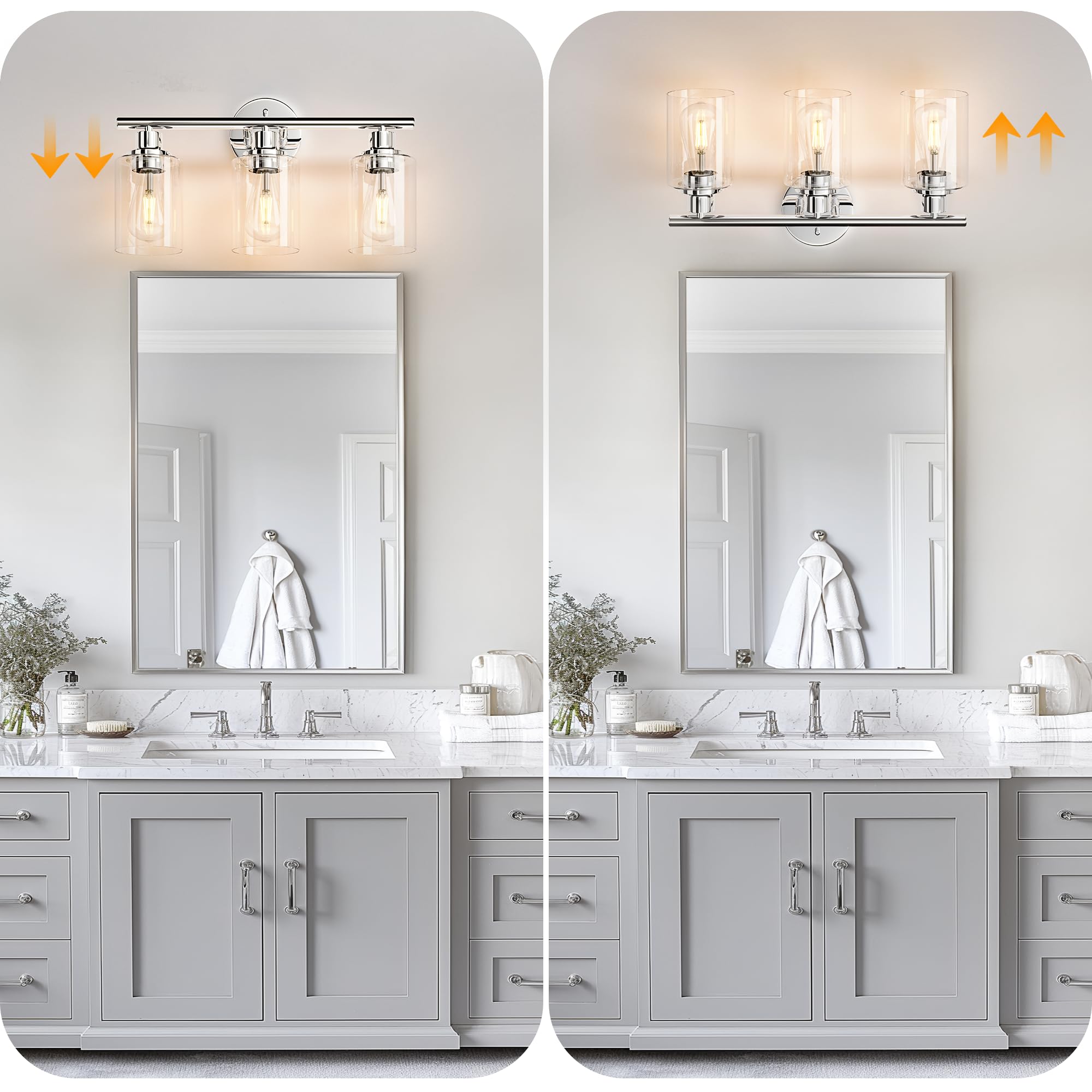 Weyderk Chrome Bathroom Vanity Light - 3 Light Bathroom Light Fixture With Clear Glass Shades, Ul Certification & E26 Base, Chrome Bathroom Vanity Lights Over Mirror For Bathroom