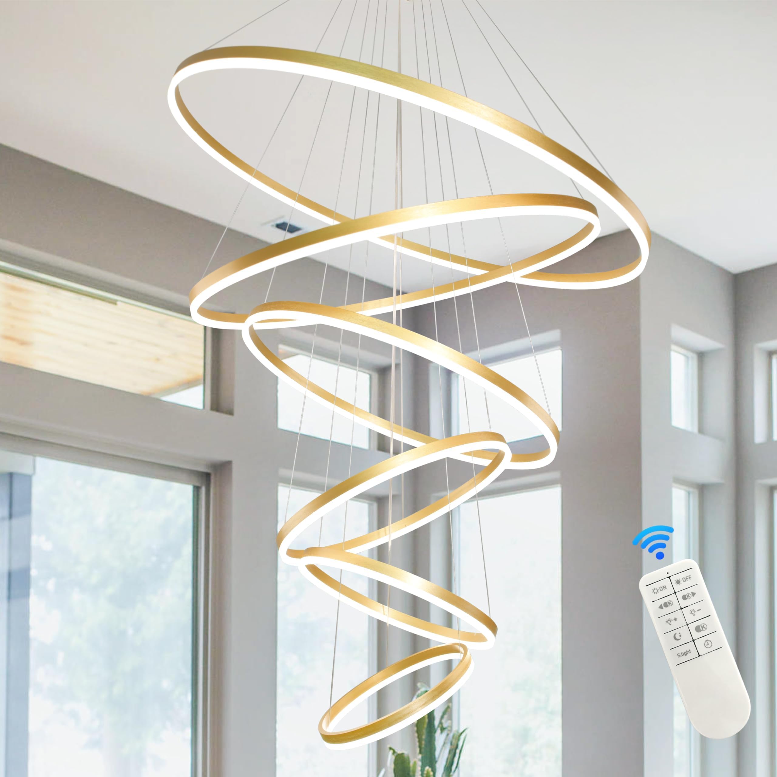 Mccokaige 6 Rings Pendant Lights 47.2'' Modern Gold Led Chandelier Dimmable Height Adjustable Chandeliers Color Temperature Gold
