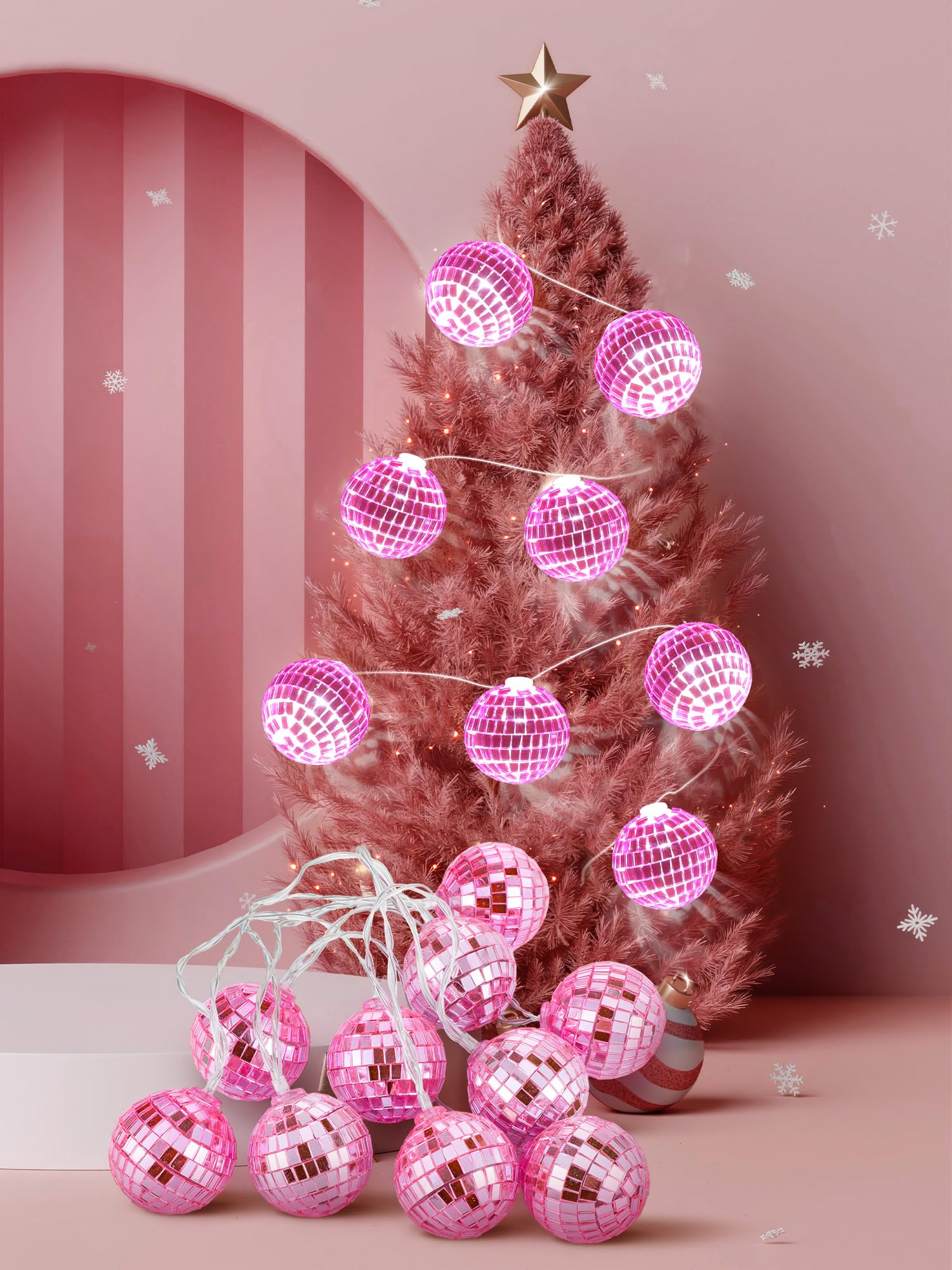 Bbto Led Disco Ball String Light Battery Powered Mirror Balls Ornaments For Outside Backyard Porch 70S 80S Disco Party Supplies(1.57 Inch Rose Pink)