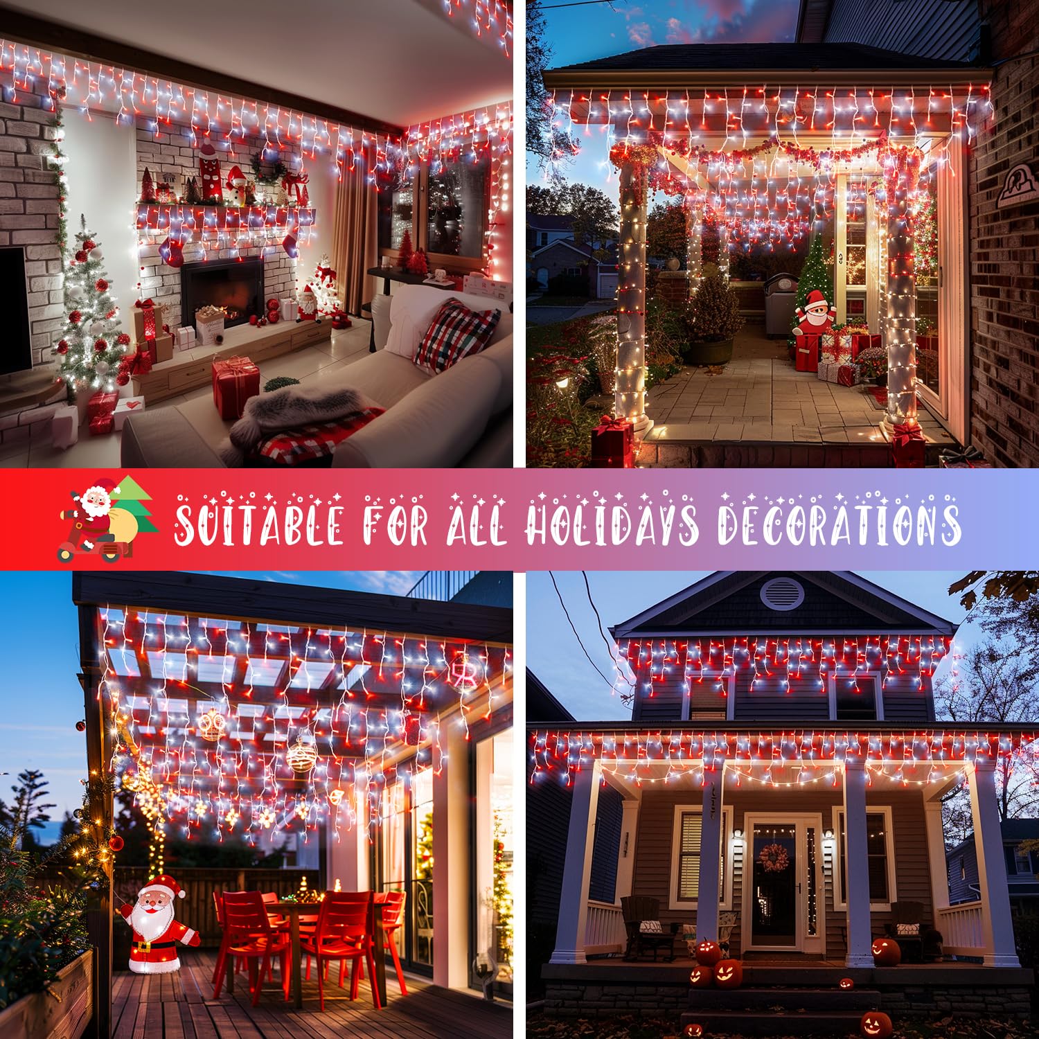 JMEXSUSS Icicle Christmas Lights, 400 LED, 38.8 Ft, 8 Modes, Red and White, Indoor/Outdoor, Model EXS-I-0400