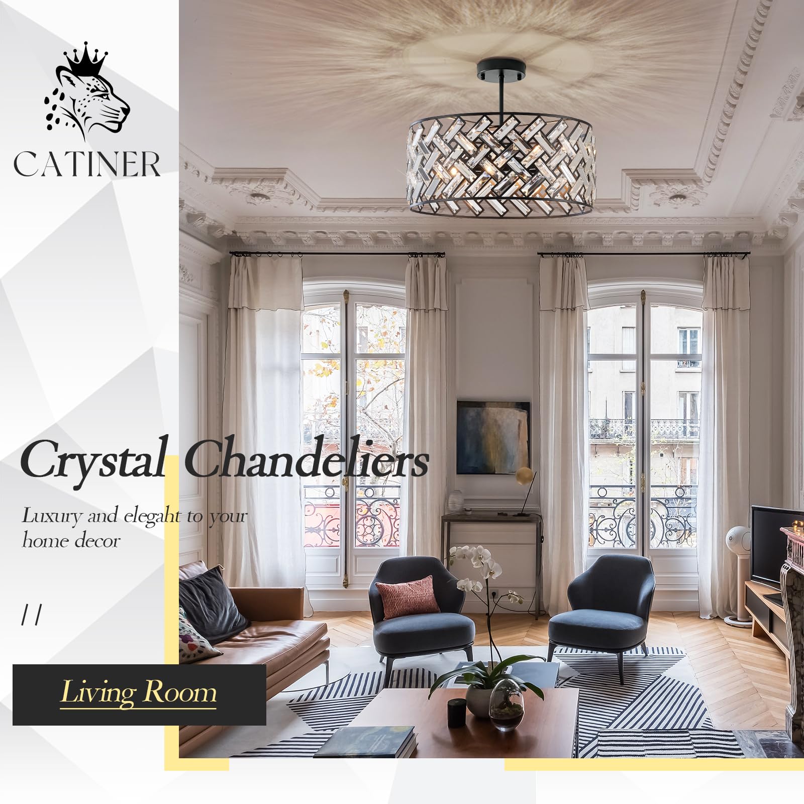 CATINER Black Modern 18" Crystal Chandelier, 6-Light Semi Flush Mount, Metal Drum Shade for Kitchen, Dining Room, Bedroom, Hallway