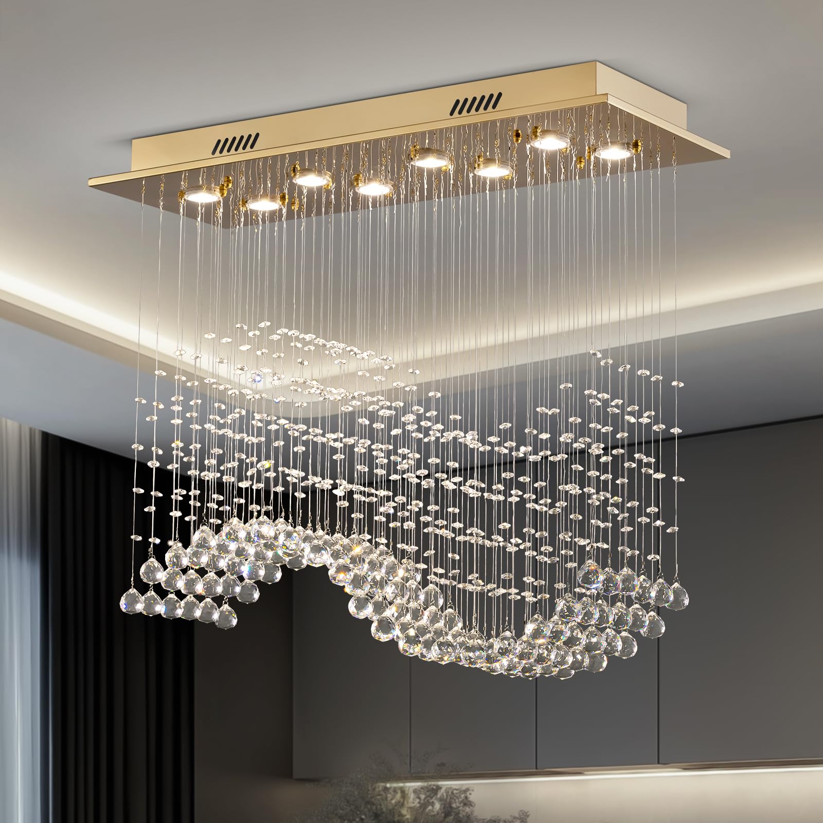Siljoy Modern Crystal Chandelier Gold Rectangular Wave Raindrop Chandelier 8 Lights Rectangle Flush Mount Ceiling Light Pendant 
