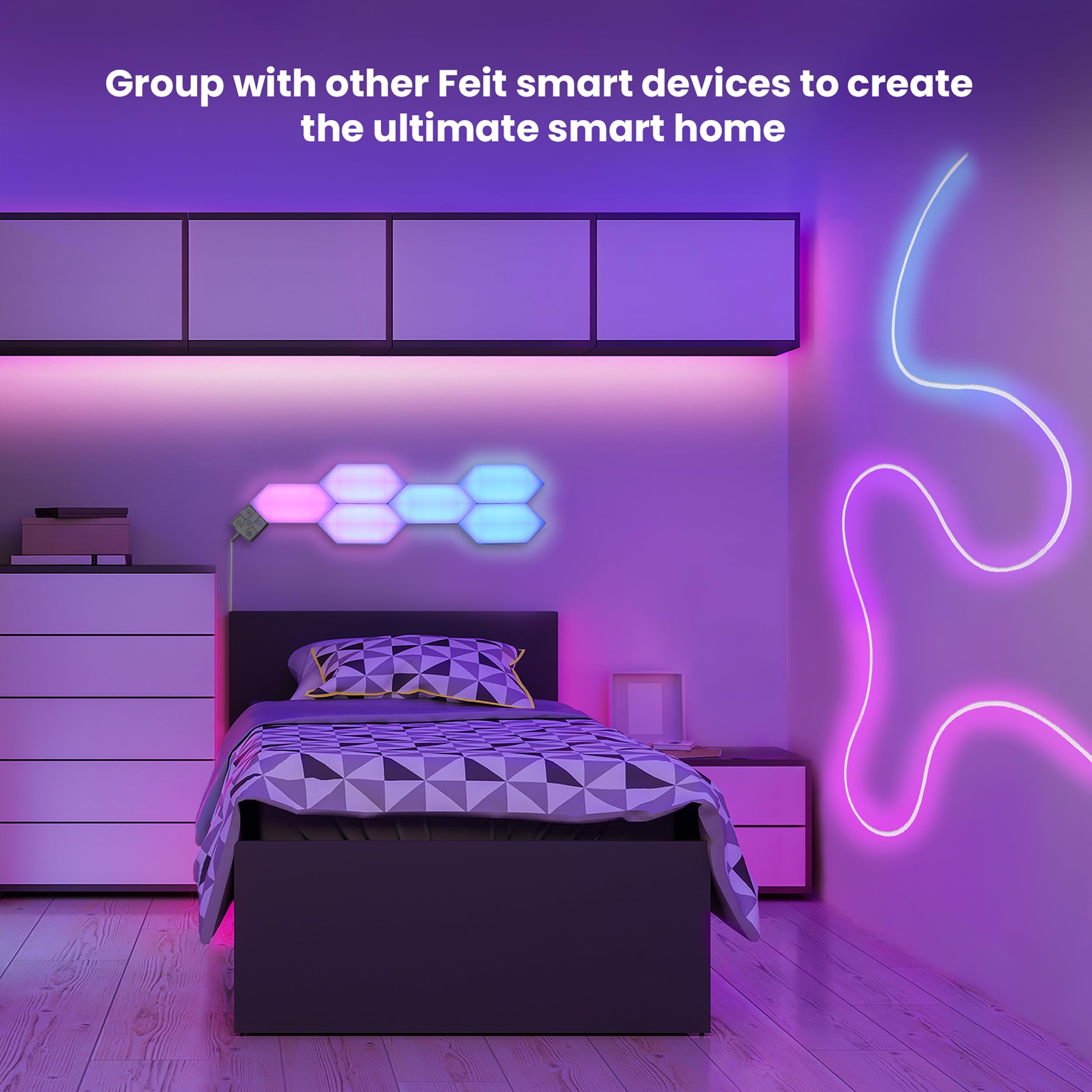 Feit Electric Smart Led Hexagon Tile Lights, 7'' Ea, Linkable, Rgbw Color Chasing, 2.4Ghz Wifi Enabled, Compatible With Alexa An
