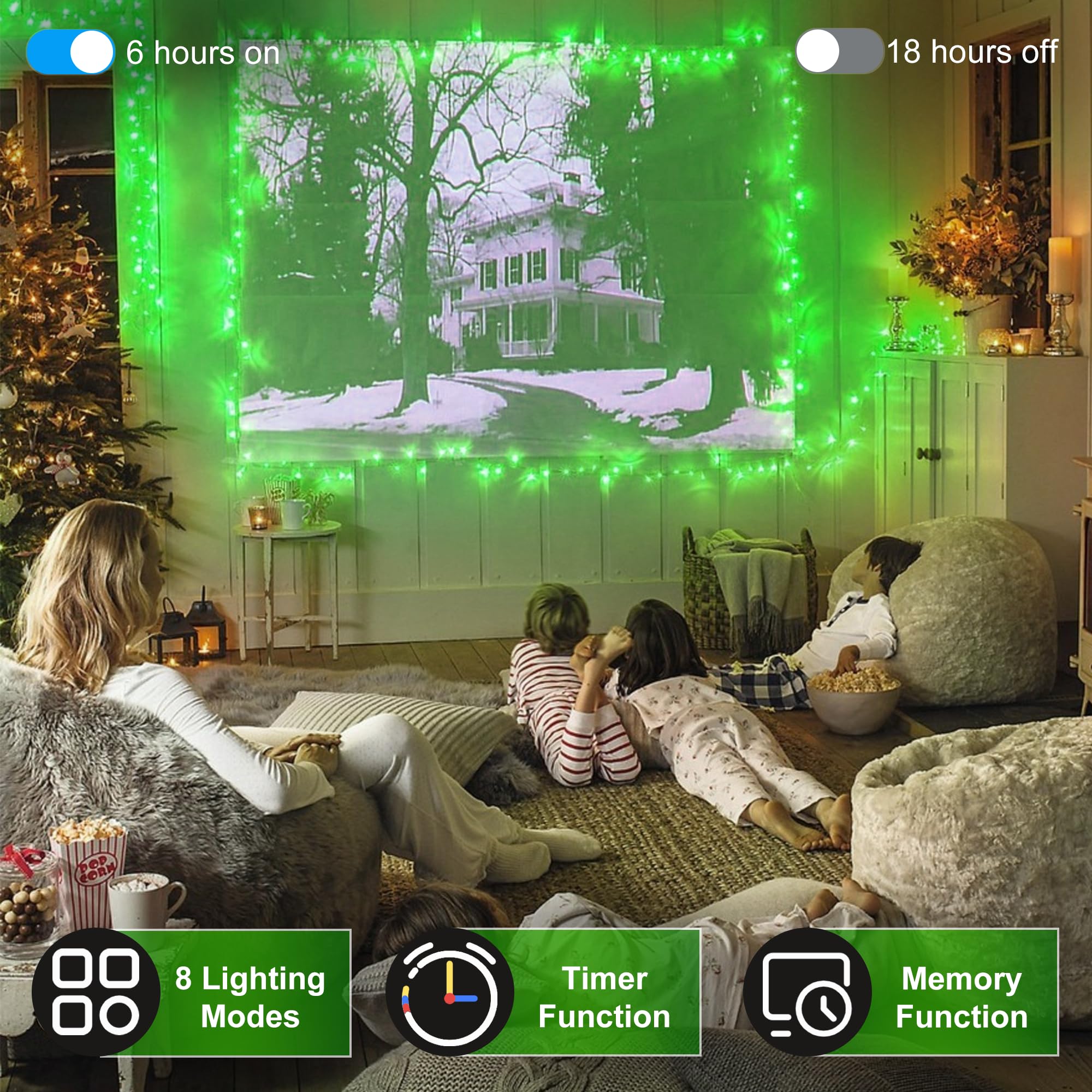 HRANBOTY 600 LED Christmas String Lights, 200FT Green Fairy Lights, Indoor Outdoor, 8 Modes & Timer, Model HS-300L