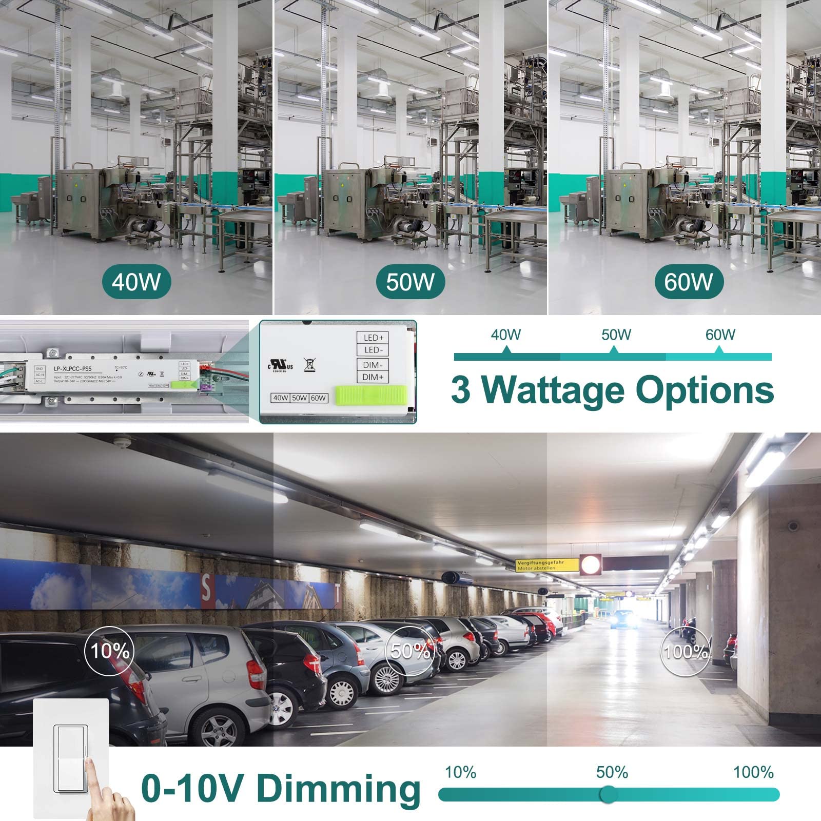 kadision LED Vapor Tight Light Fixture, 60W/50W/40W, Dimmable, 7200lm, 4 Pack, White, Model VPD-4A-50