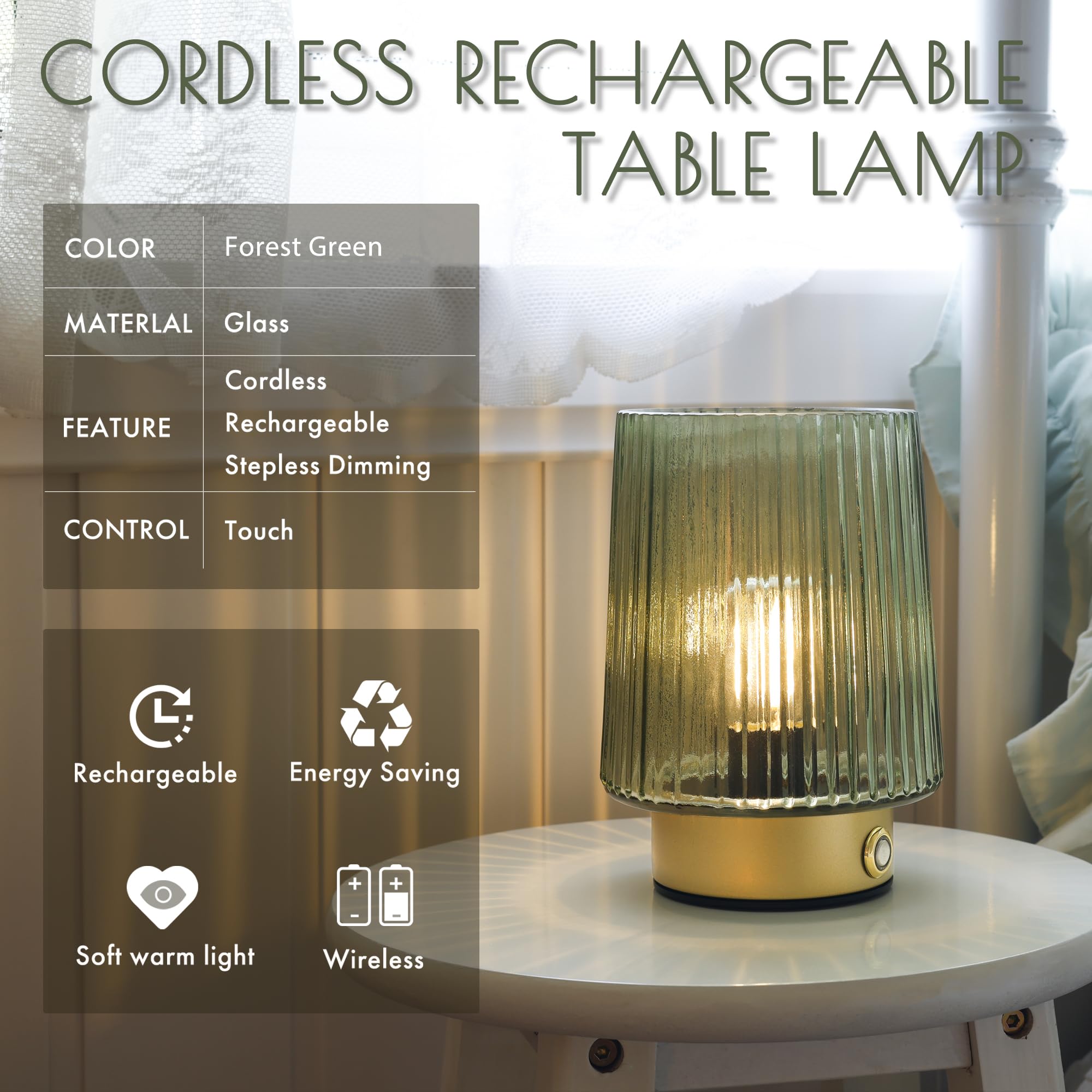 ULAROOM Cordless Rechargeable Table Lamp - Portable Touch Dimmable Design, Sage Green, Model JYTD23