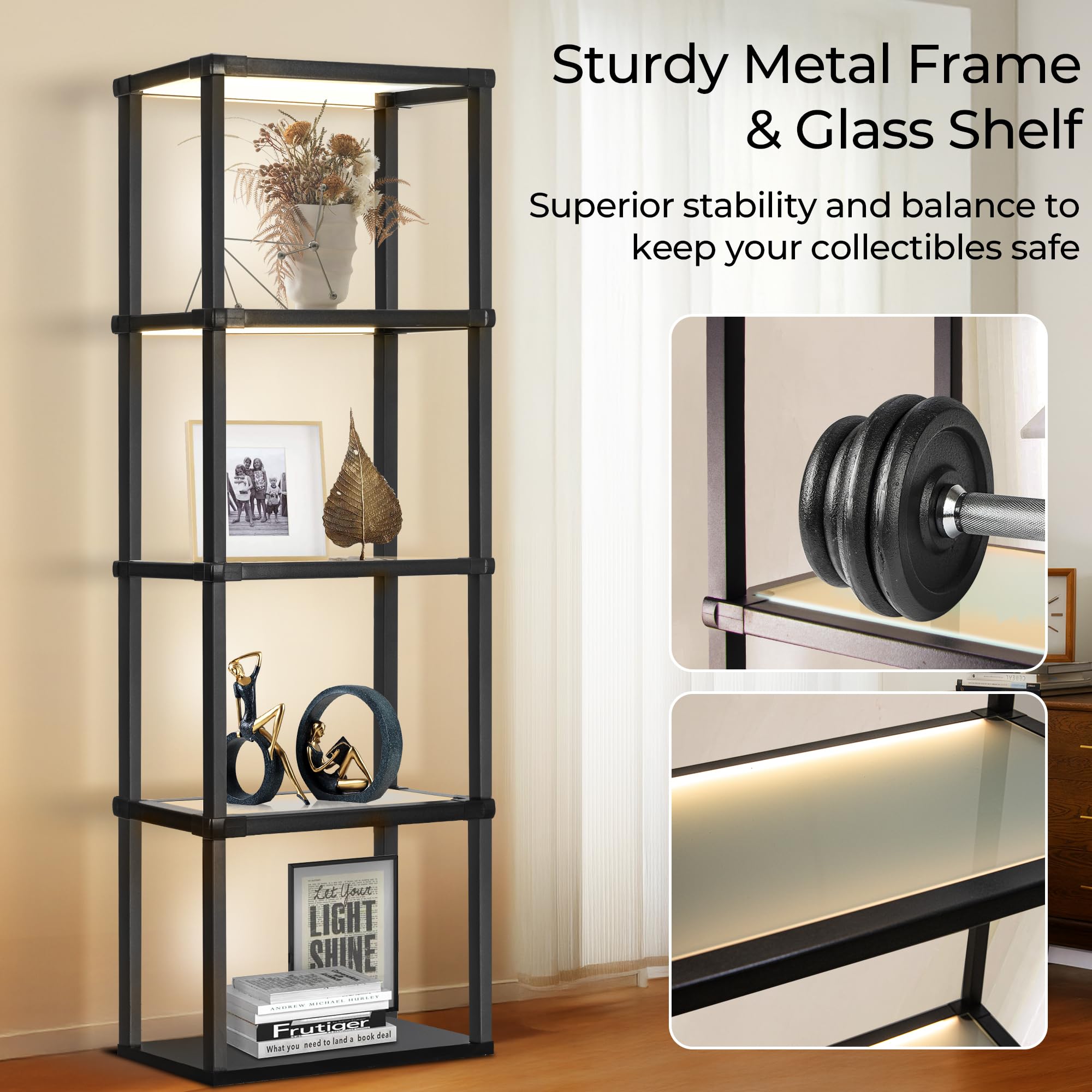 Tall Display Shelf Floor Lamp, Dimmable Led Lamp With 3 Color Temperatures, Sturdy Glass Curio Cabinet Bookcase With Remote Cont