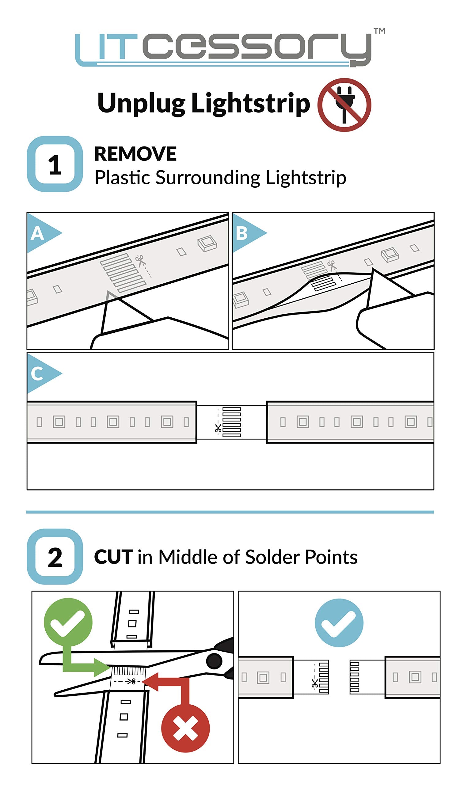 Litcessory 6-Pin Extension Connector for Philips Hue/WiZ Lightstrip, 2in - 4 Pack, White, Model LIT-6pToCut 50mm-W04