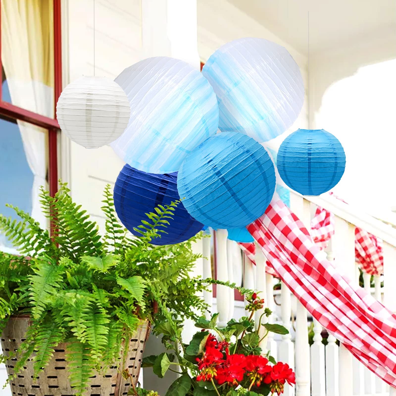 Meiduo 14 Pcs Gradient Blue Paper Lanterns - Decorative Hanging Tissue Paper Lights For Parties
