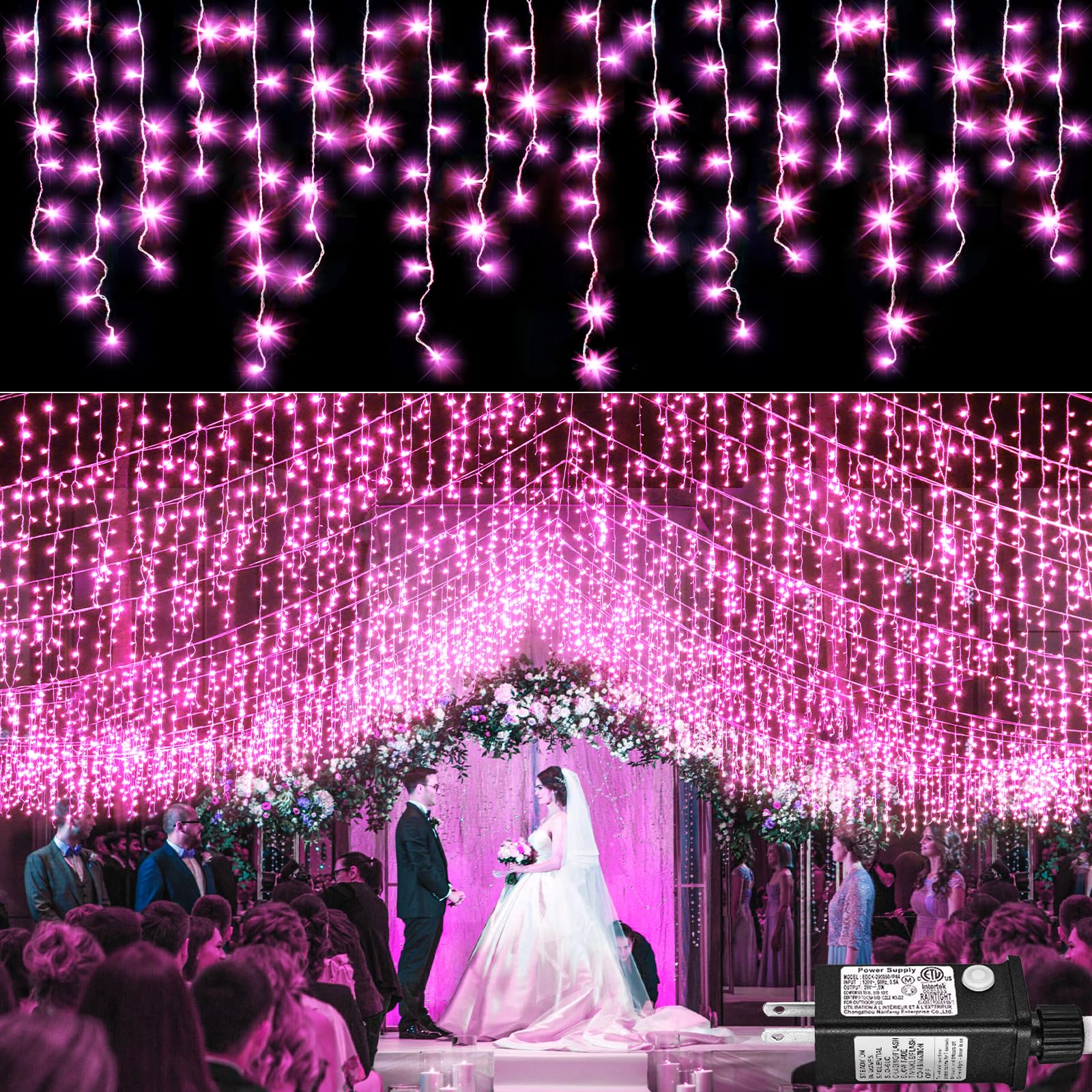 33ft Icicle Lights for Outside, Pink Christmas Lights Outdoor Waterproof for House, 400 LED Twinkle Light with 75 Drops Clear Wi