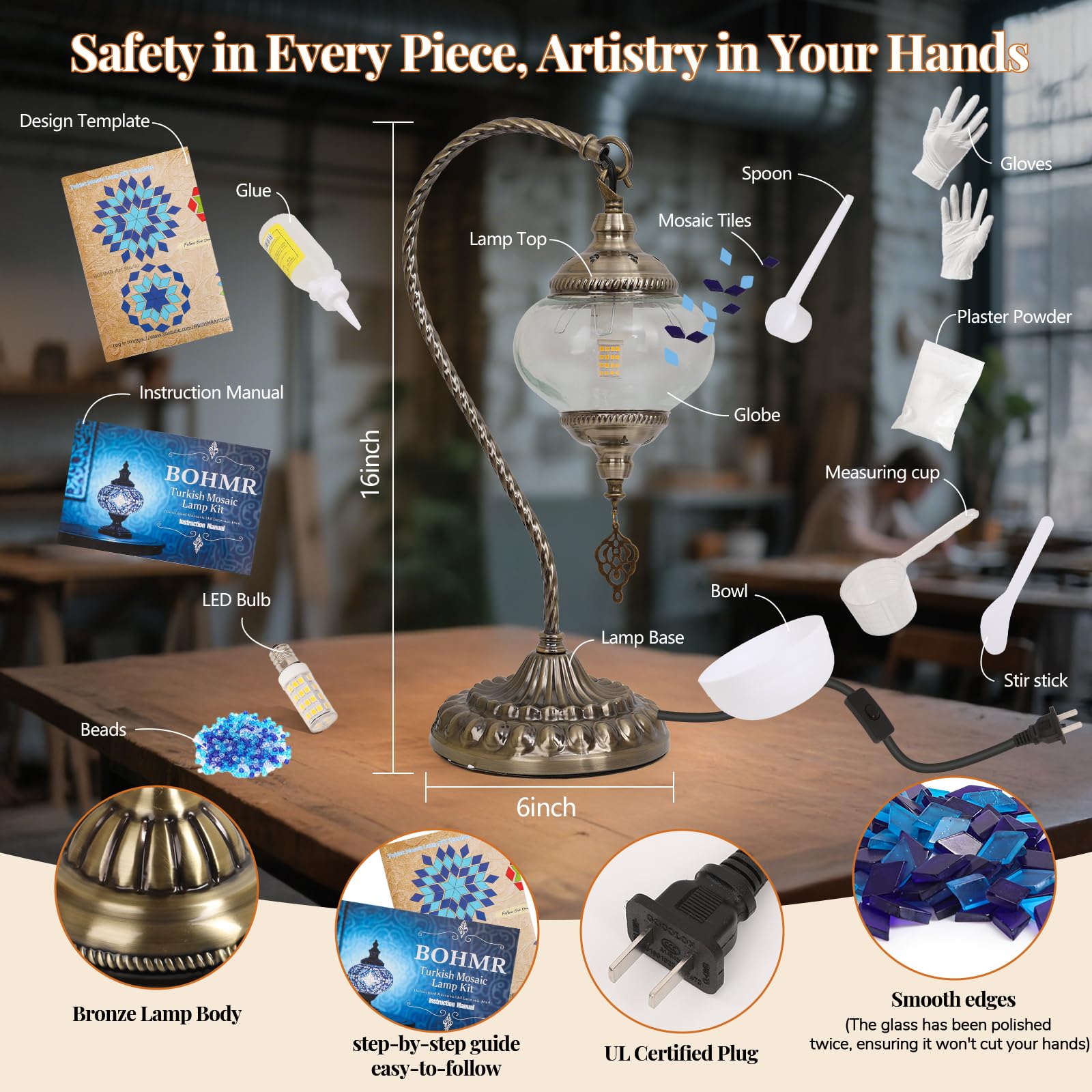 Bohmr Diy Turkish Mosaic Lamp Kit  Swan-Neck Stained Glass Lamp Making Kit- Easy Fun No Experience Needed  Mosaic Art & Craft Project Kits For mature-themeds & Teens  Make Your Own Table Lamp Blue