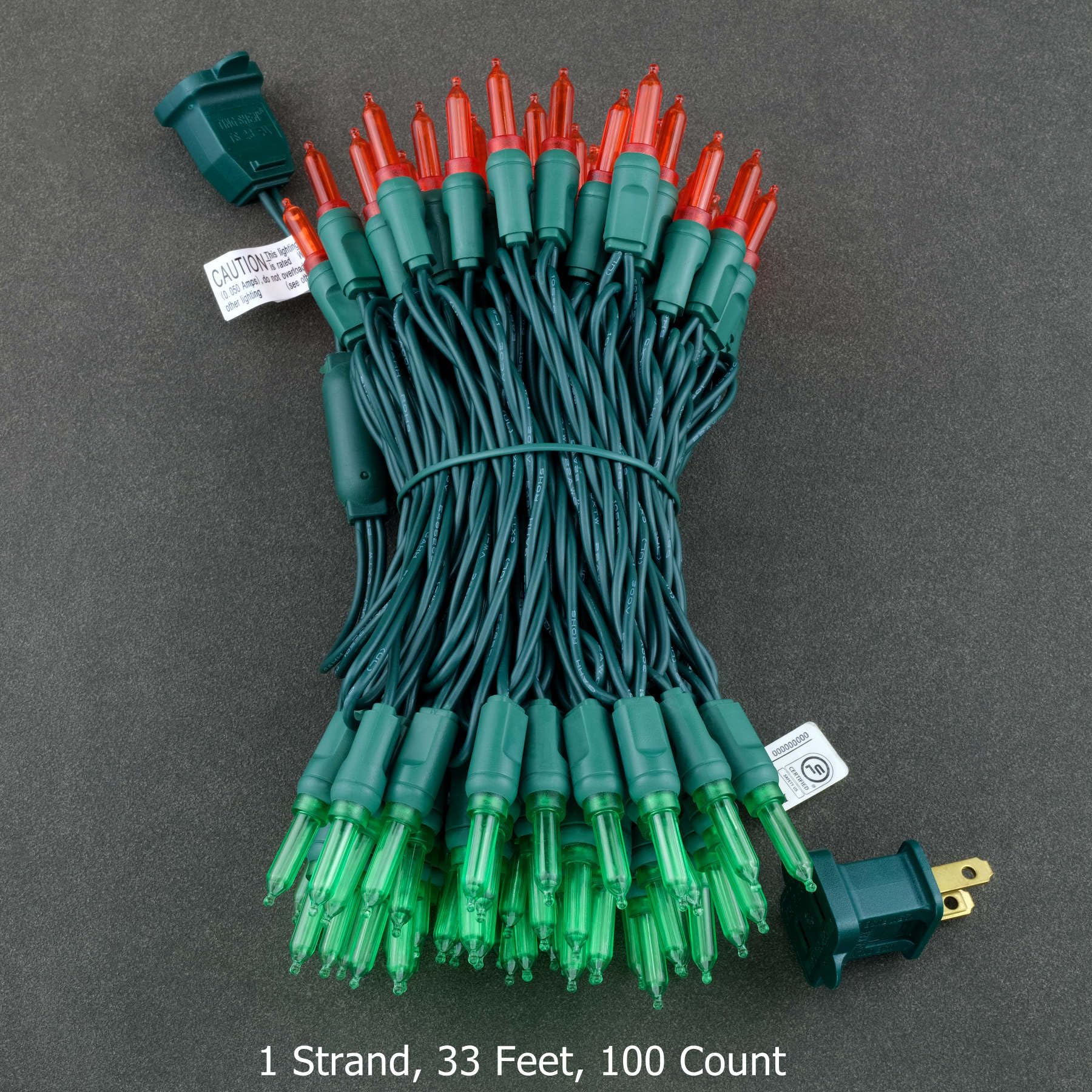 YULETIME T5 LED Christmas Lights, 33 ft Waterproof Green Wire, 100 Red & Green Bulbs, UL Certified