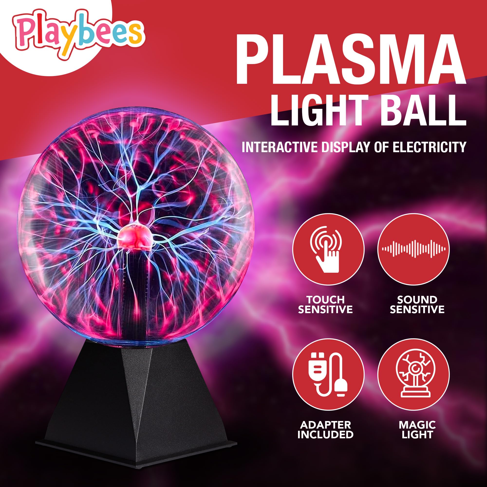 Playbees Red Plasma Ball - 7 Inch Tesla Coil Bulb in Vacuum Glass Globe - Static Electricity Display for Decorations and STEM Activities