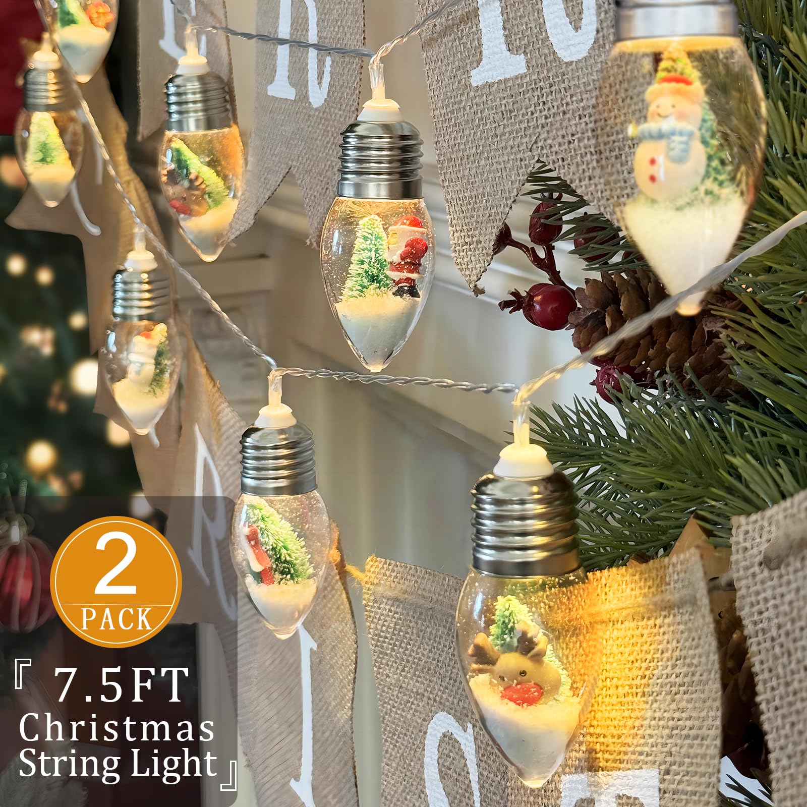 Christmas Tree Lights For Indoor, Snow Globe String Lights, Christmas Snow Globes String Lights Battery Operated, 10Led Globe Bulbs String Light With Tree& Snow & Cute Ornaments For Bedroom 2Pack