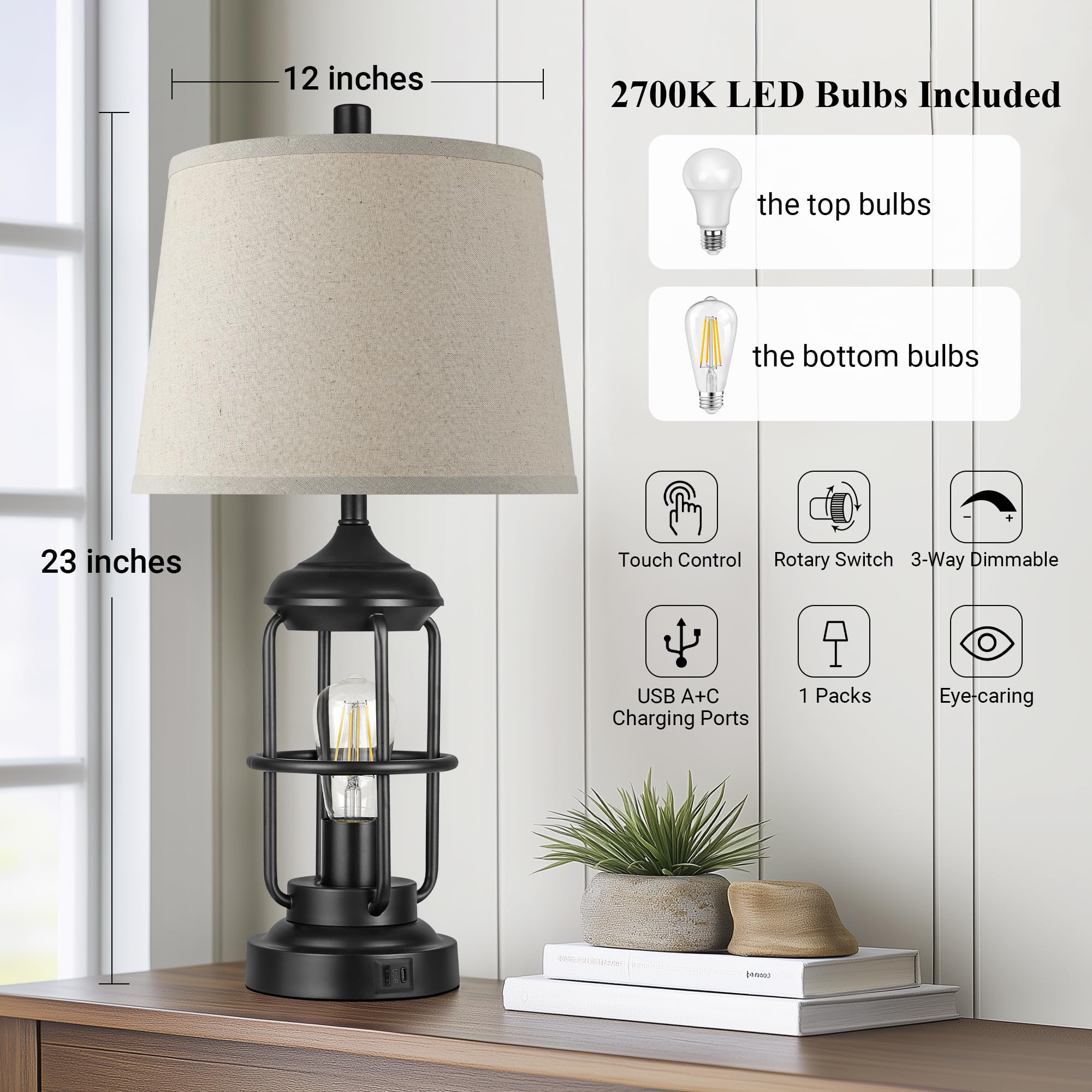 Qimh Table Lamp For Bedroom With Usb A+C Ports, Farmhouse Bedside Lamp With Night Light, 3-Way Dimmable Touch Control, Rustic In