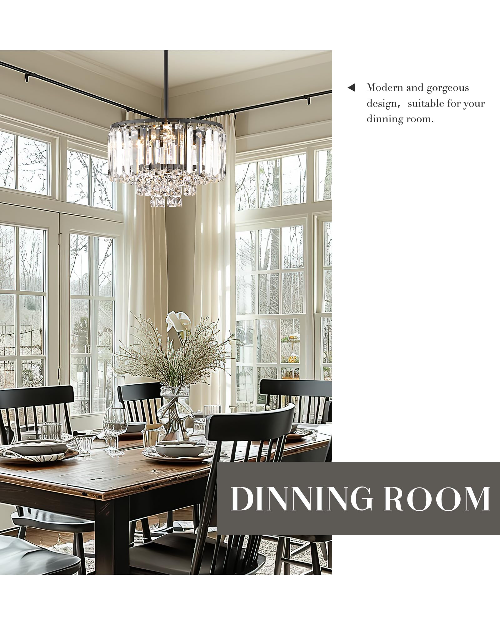 Cargifak 4-Tier Crystal Chandelier, Matte Black, 11" Modern Pendant Light for Dining Room, Kitchen, Entryway, Model CKCC4215-3W-BK