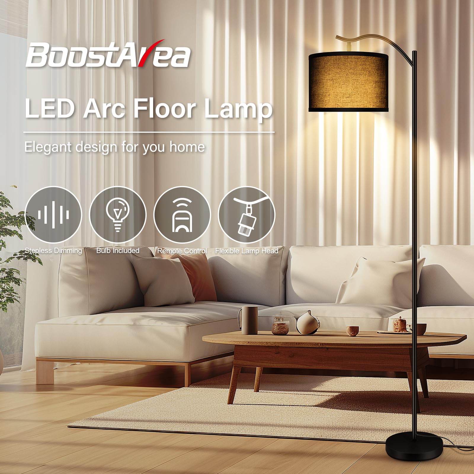 BoostArea Arc Floor Lamp with Remote Control, Dimmable 2700K-6500K, Black, Model B1368, Modern Standing Lamp for Living Room, Bedroom, Office