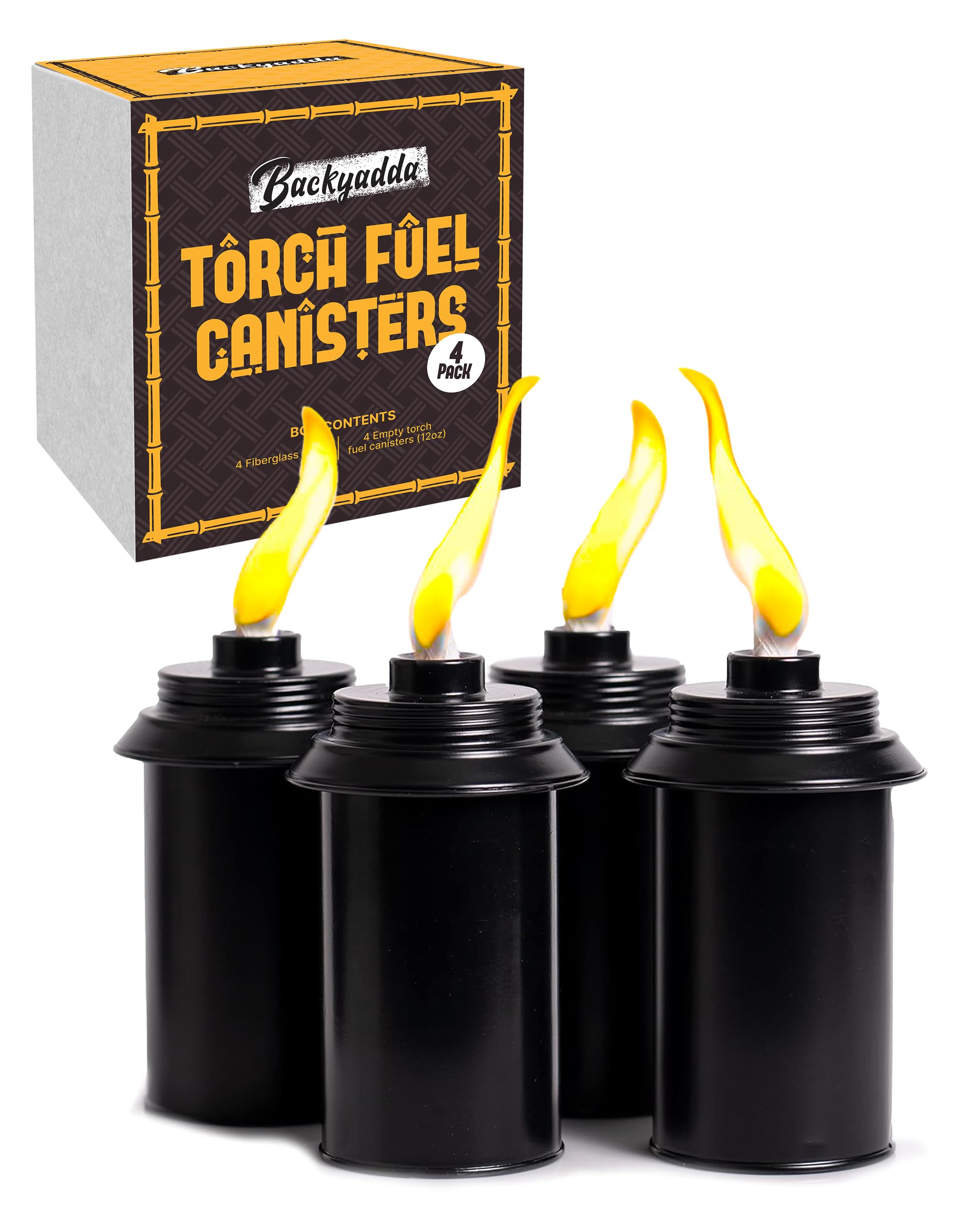 Backyadda Torch Replacement Canisters (12 oz). Compatible with Tiki Torches. Easy Fill Opening. 4-Pack Standard Metal (Without C