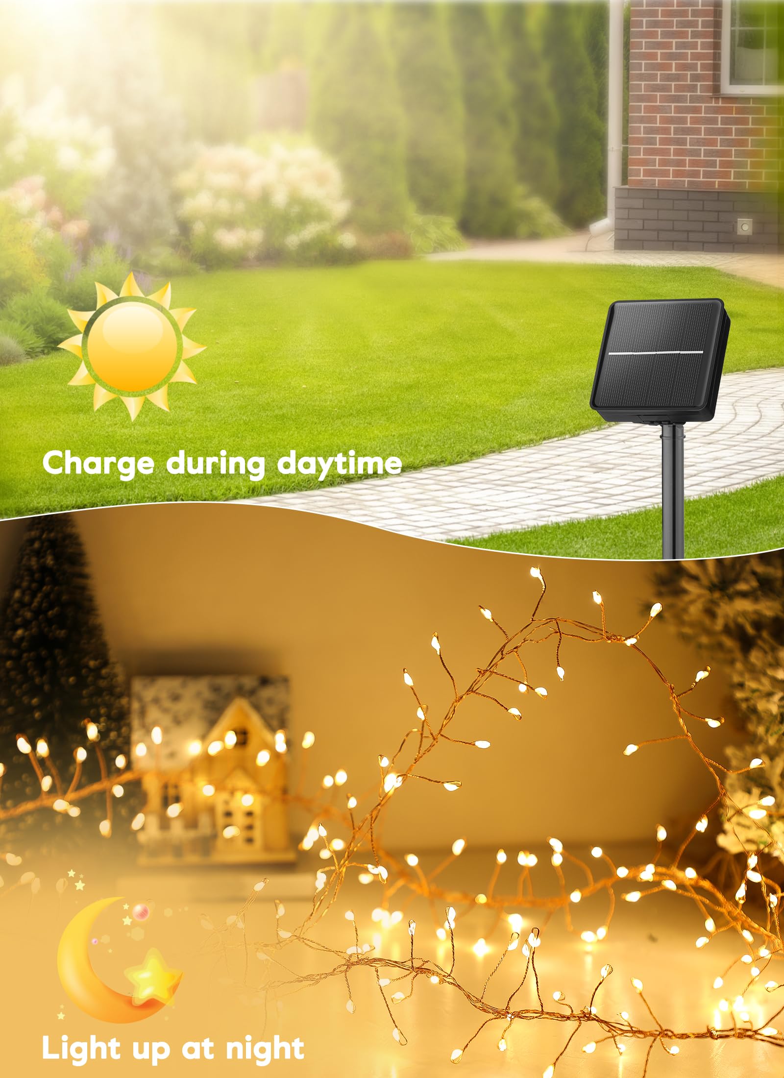 Minetom Solar Lights Outdoor, 19.6Ft 240 Led Solar String Lights For Outside, 8 Modes Firecracker Solar Fairy Lights For Balcony Patio Tree Christmas Party Wedding Decor (Warm White)