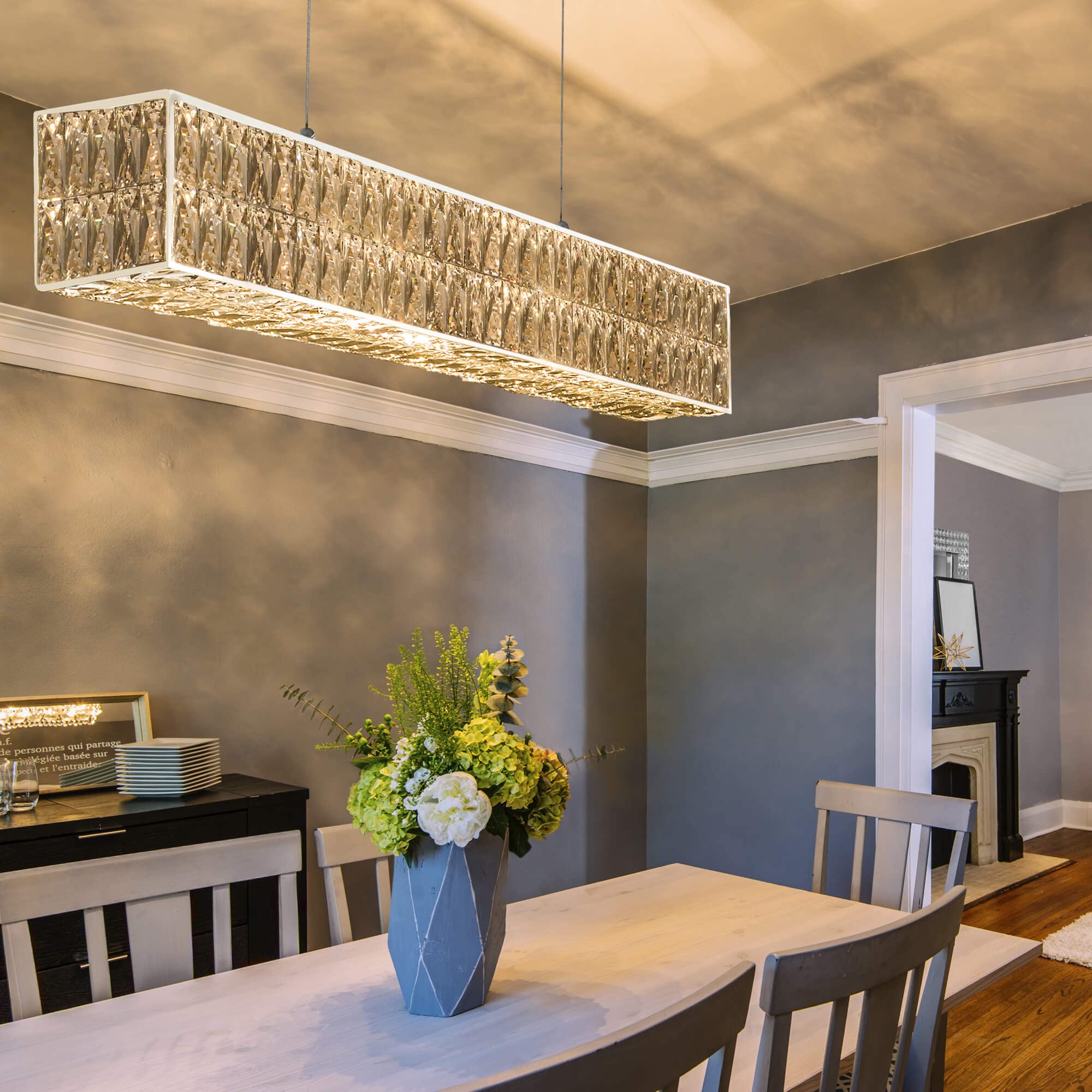IKK Modern Rectangle Chandelier - Large Chrome Pendant Light for Dining Room, L40 x W6.7 x H6.3, Model M-MJ-6HSQU24001