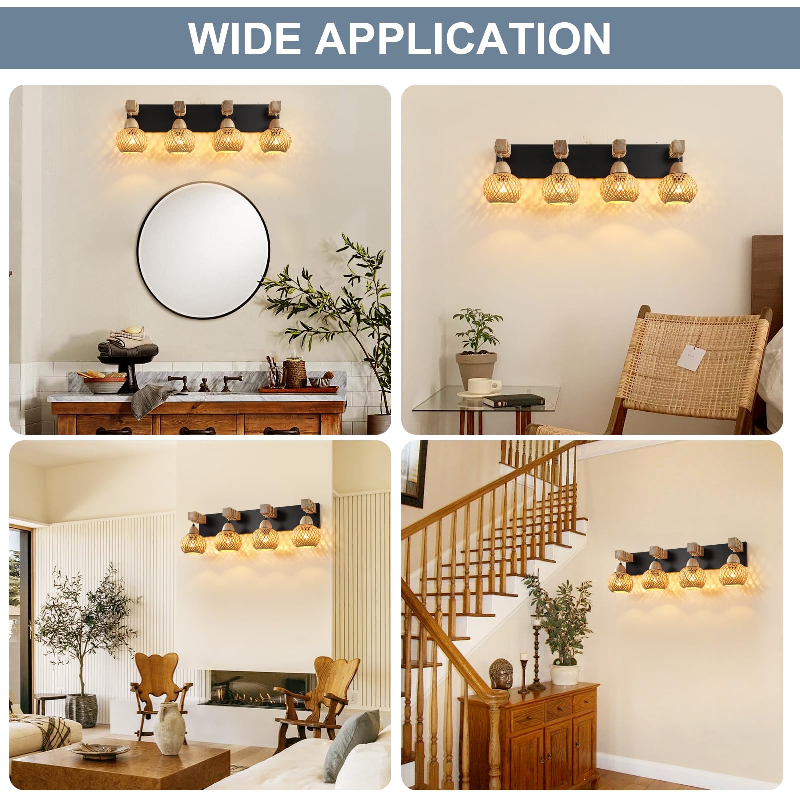 4-Light Bathroom Vanity Light Fixtures,Rustic Style Farmhouse Wood Bathroom Wall Sconce, Handmadebamboo Woven Boho Wicker Basket