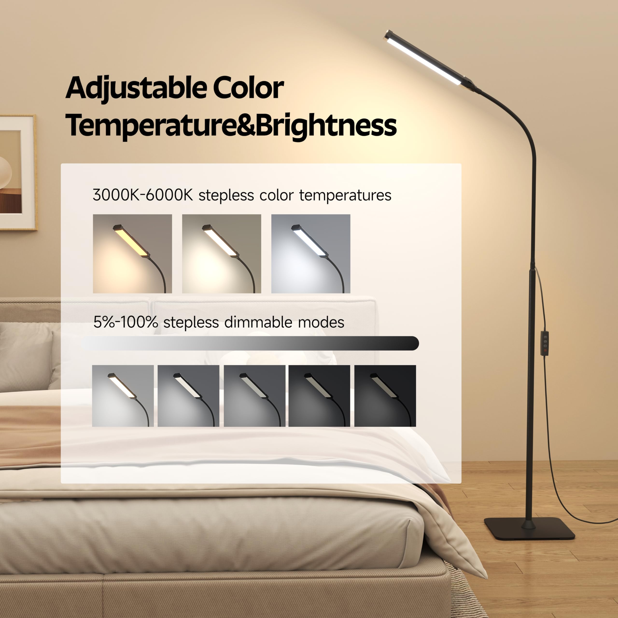 Led Floor Lamp, Reading Lamps Adjustable Stepless Colors & Brightness Gooseneck Standing Lamp, Nail Tech Lamp, Lash Light For Ey